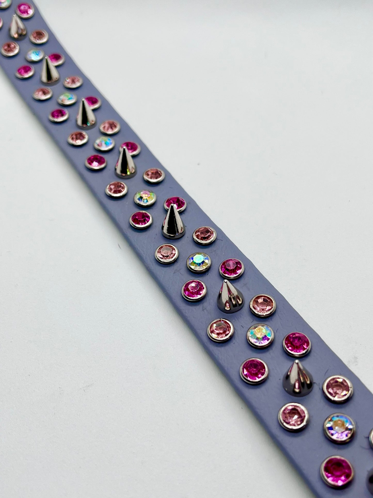 ‘Rhinestone Rebel’ all out pink rhinestone crystal grey BioThane® sparkly pink & iridescent spiked dog collar with stainless steel hardware