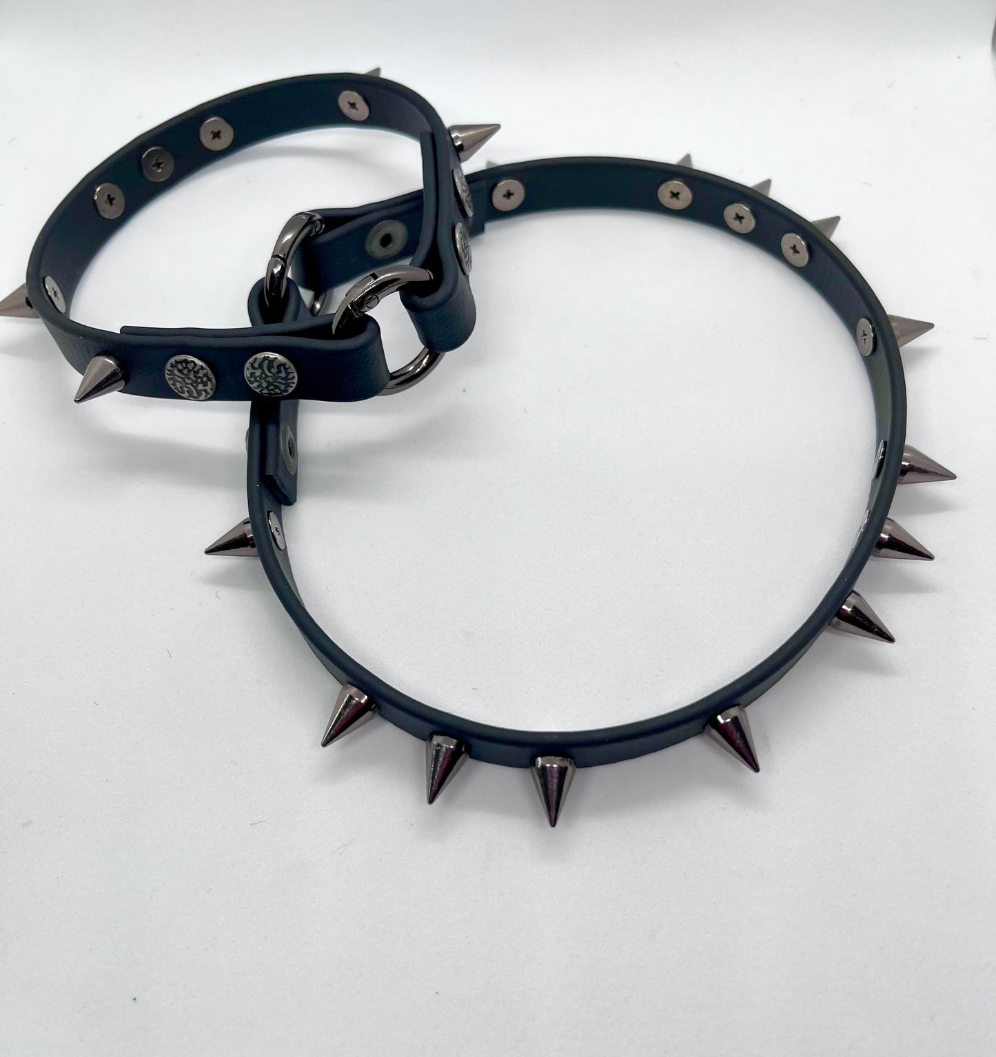 'Little Chaos' black studded biothane collar studded gunmetal cone spikes