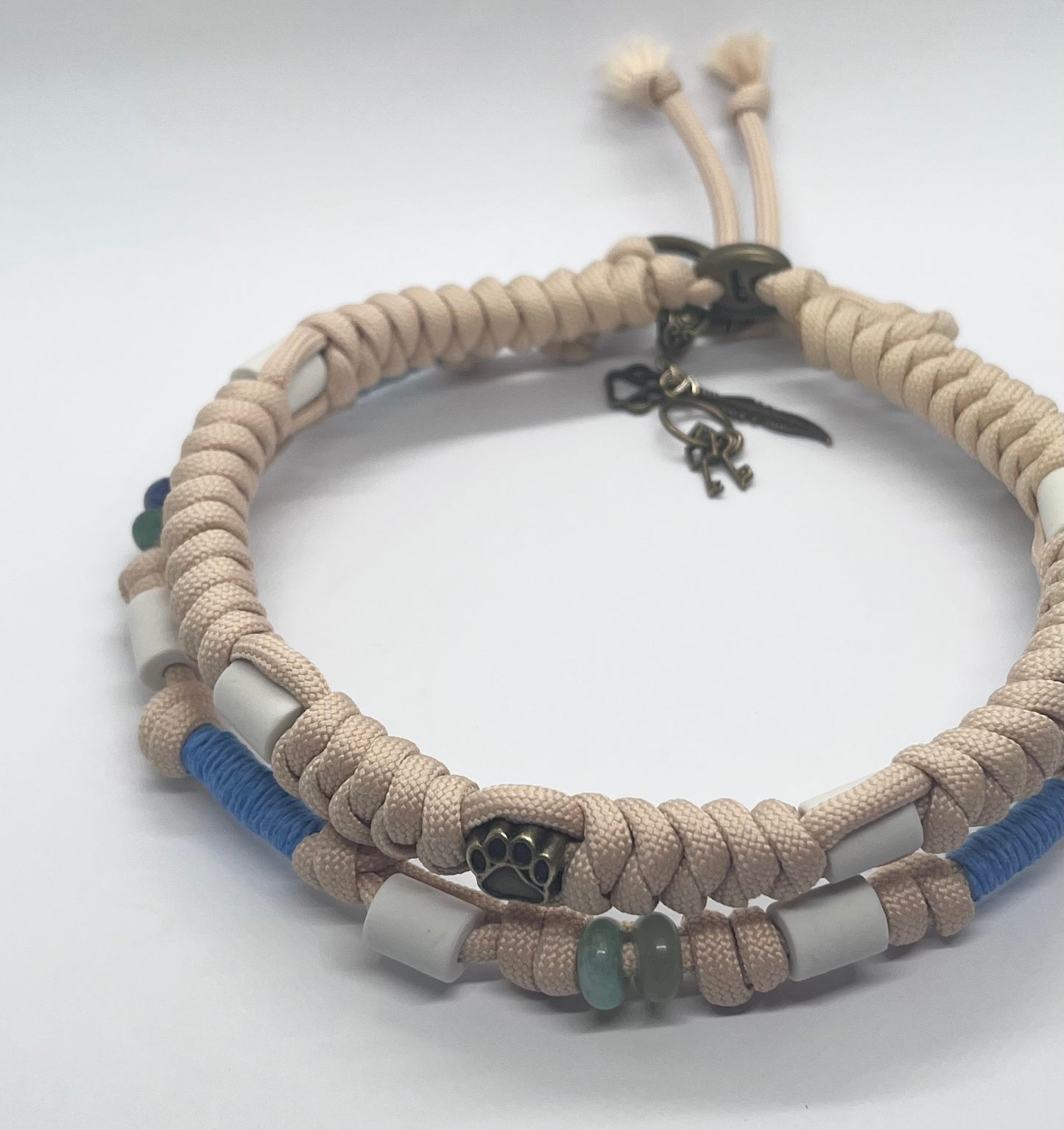 Luxury BOHO Beige tan Paracord EM ceramic bead pet collar for flea & tick prevention