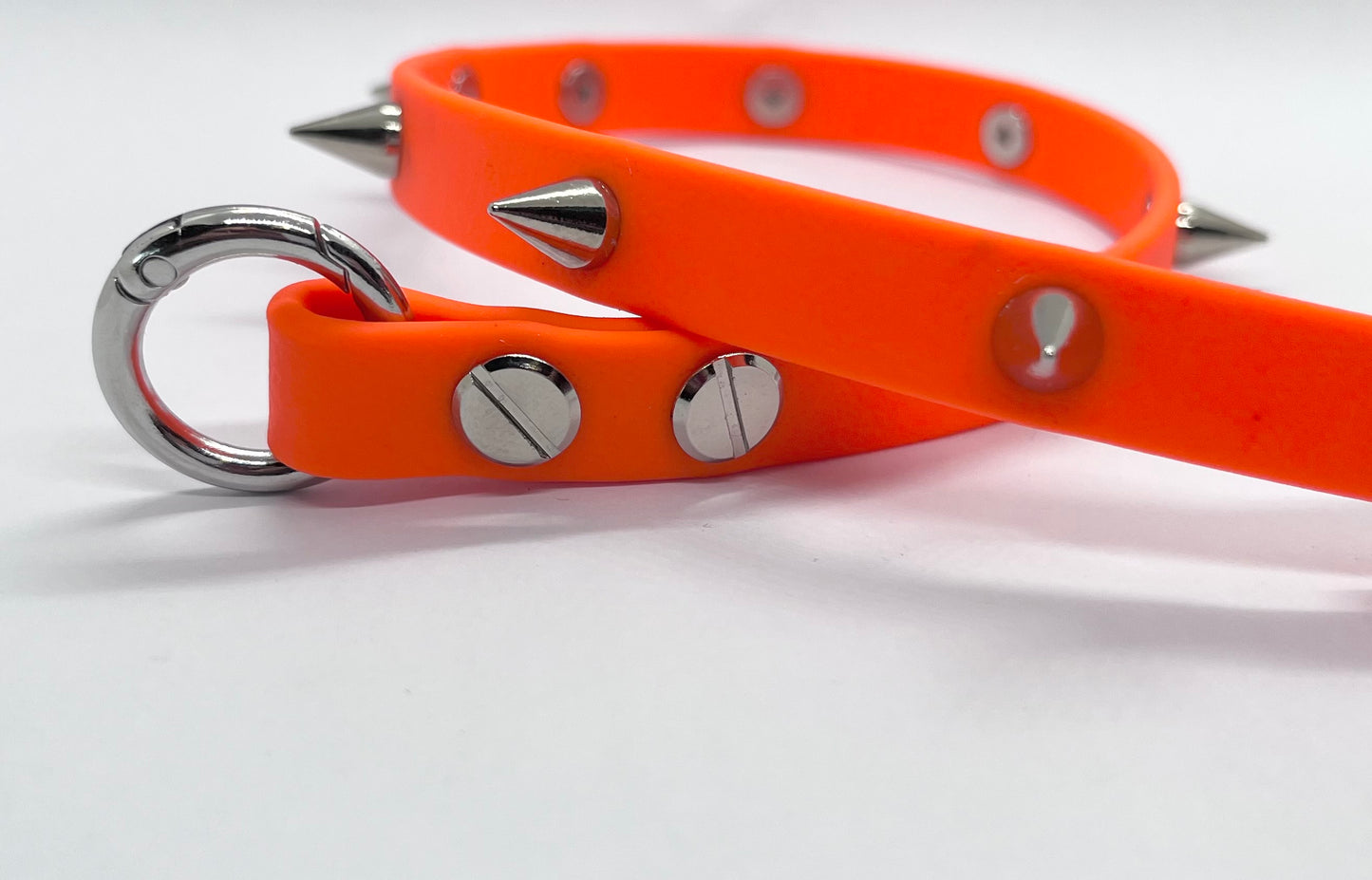 'Oh Really' Neon biothane studded collar with silver or gunmetal spike cone studs