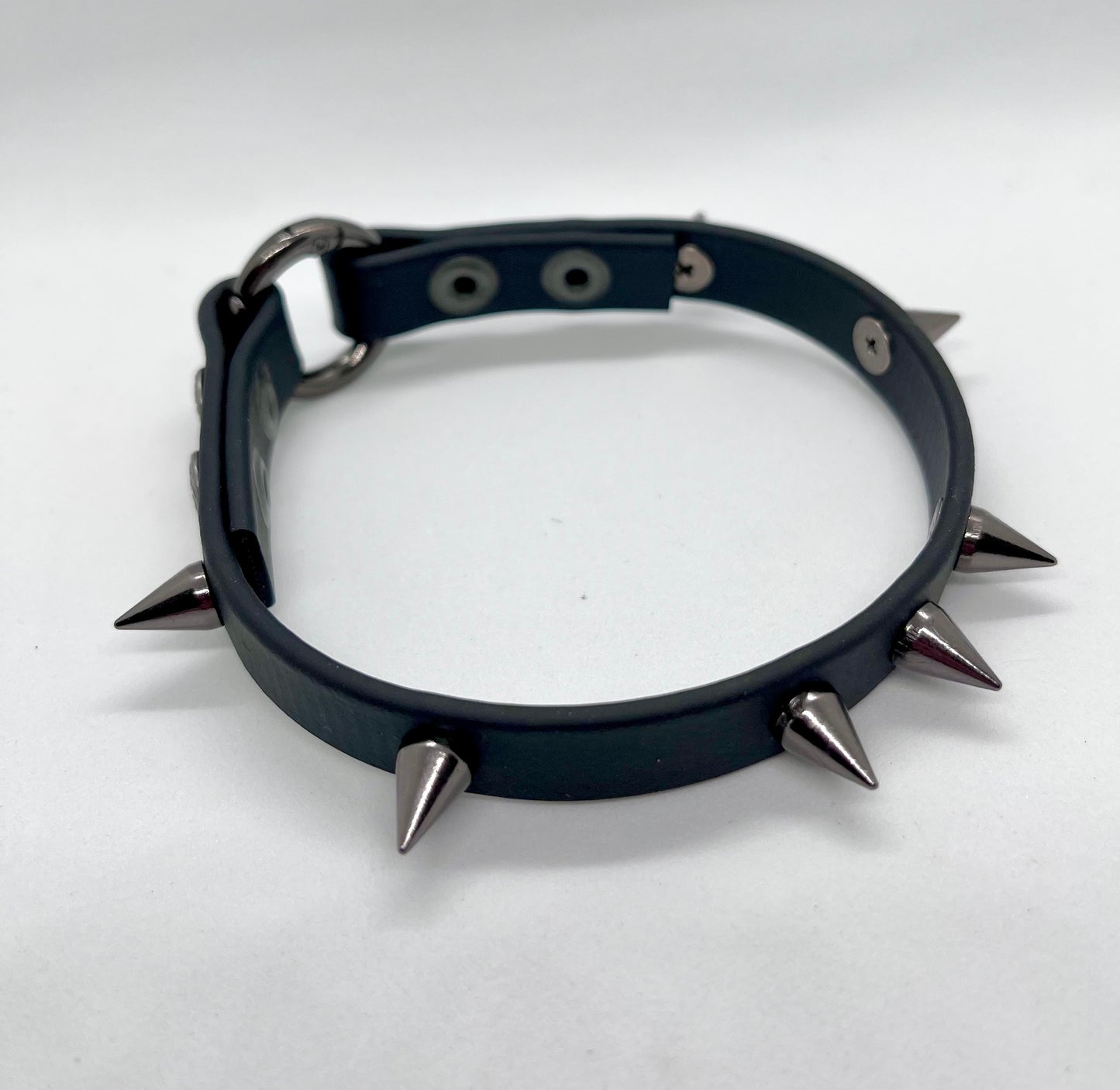 'Little Chaos' black studded biothane collar studded gunmetal cone spikes