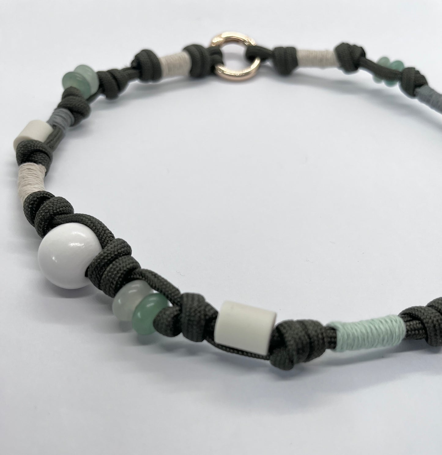 EM Paracord boho style collar olive beaded green with genuine Aventurine ceramic pet collar fleas & tick prevention