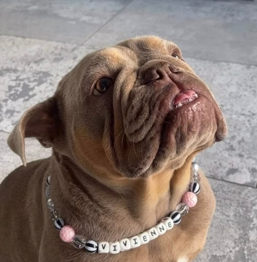 Pink & grey candy stripe personalised beaded dog collar pet necklace
