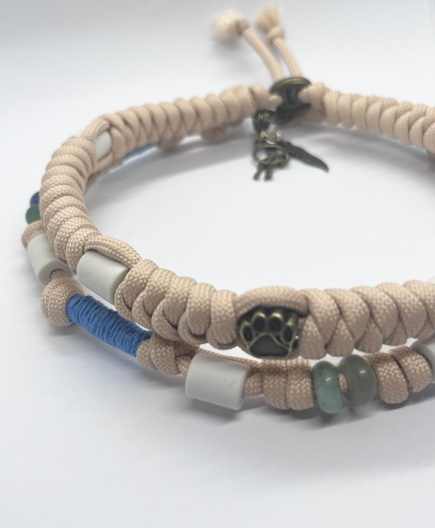 Luxury BOHO Beige tan Paracord EM ceramic bead pet collar for flea & tick prevention