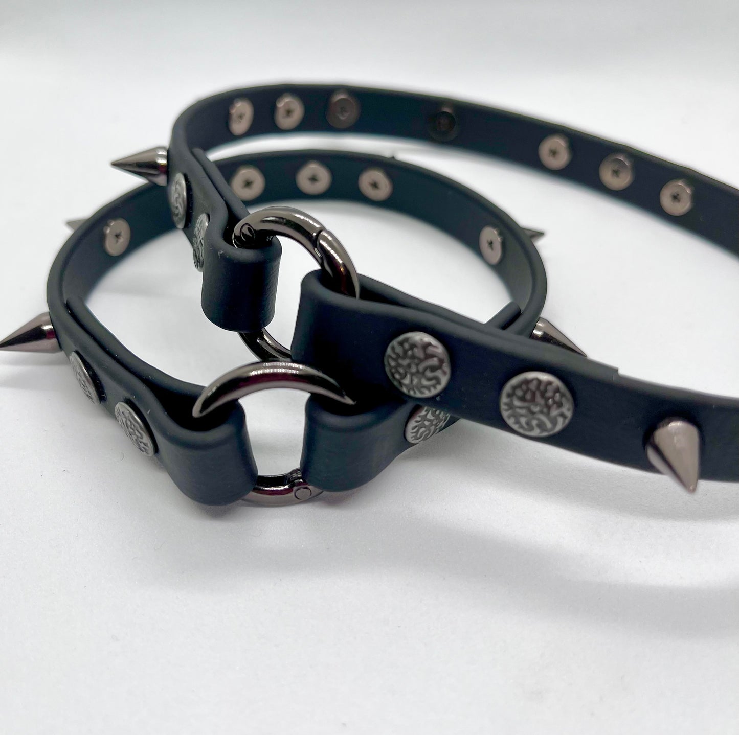 'Little Chaos' black studded biothane collar studded gunmetal cone spikes