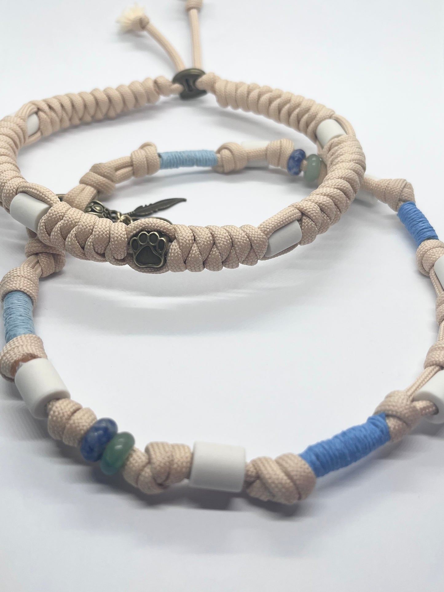 Luxury BOHO Beige tan Paracord EM ceramic bead pet collar for flea & tick prevention