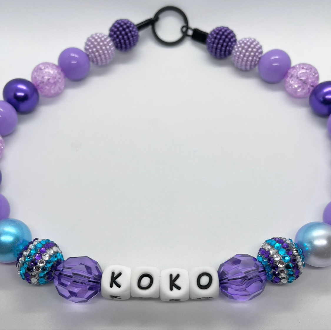 Purple disco sparkle personalised beaded dog collar necklace