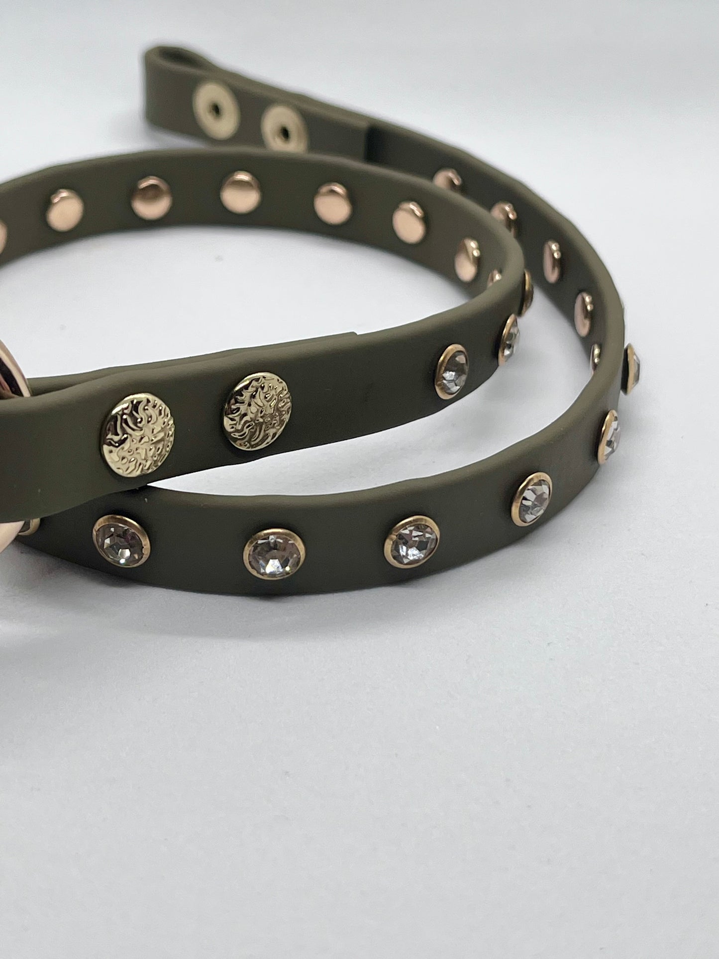 'Still Looking' diamante clear rhinestone crystal biothane studded collar