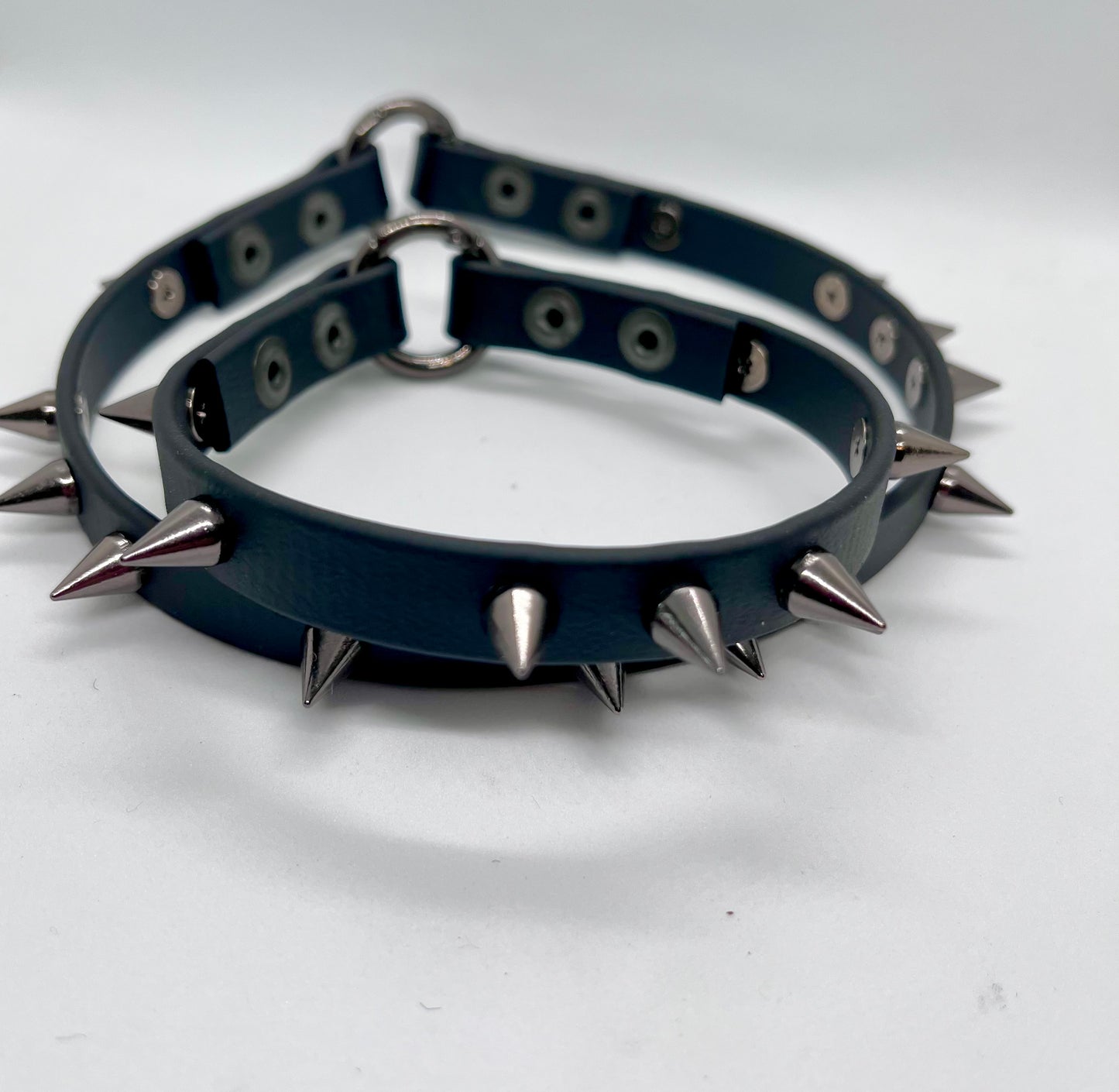 'Little Chaos' black studded biothane collar studded gunmetal cone spikes
