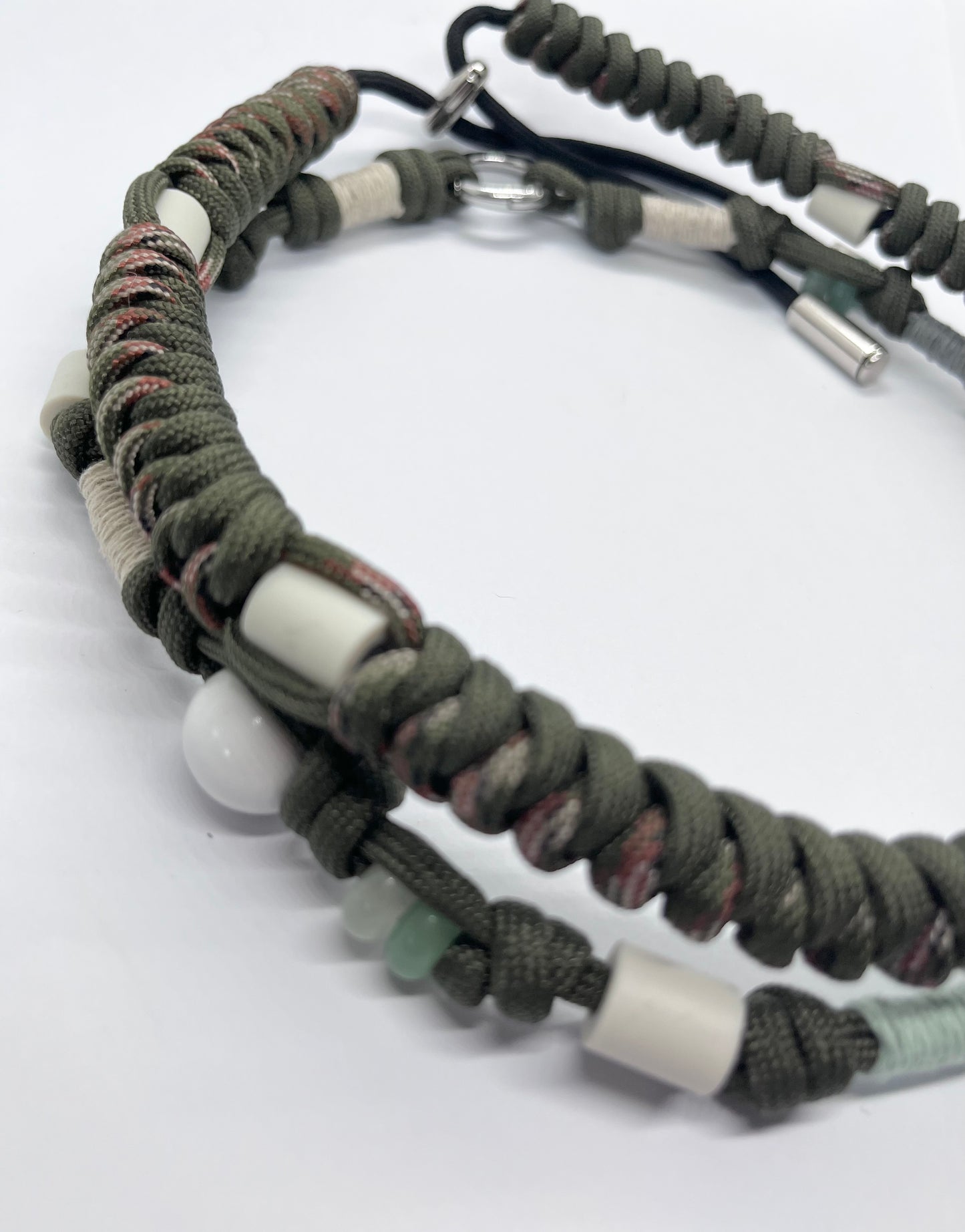 EM Paracord boho style collar olive beaded green with genuine Aventurine ceramic pet collar fleas & tick prevention