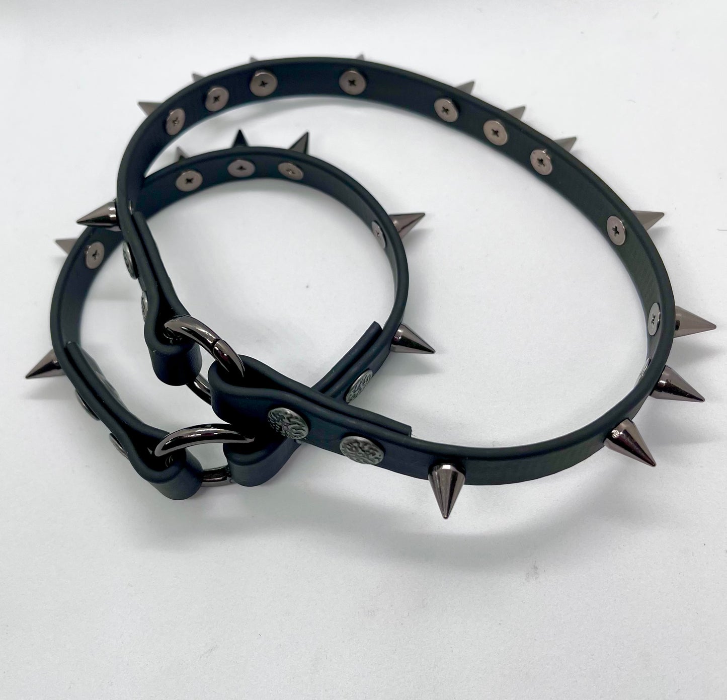 'Little Chaos' black studded biothane collar studded gunmetal cone spikes