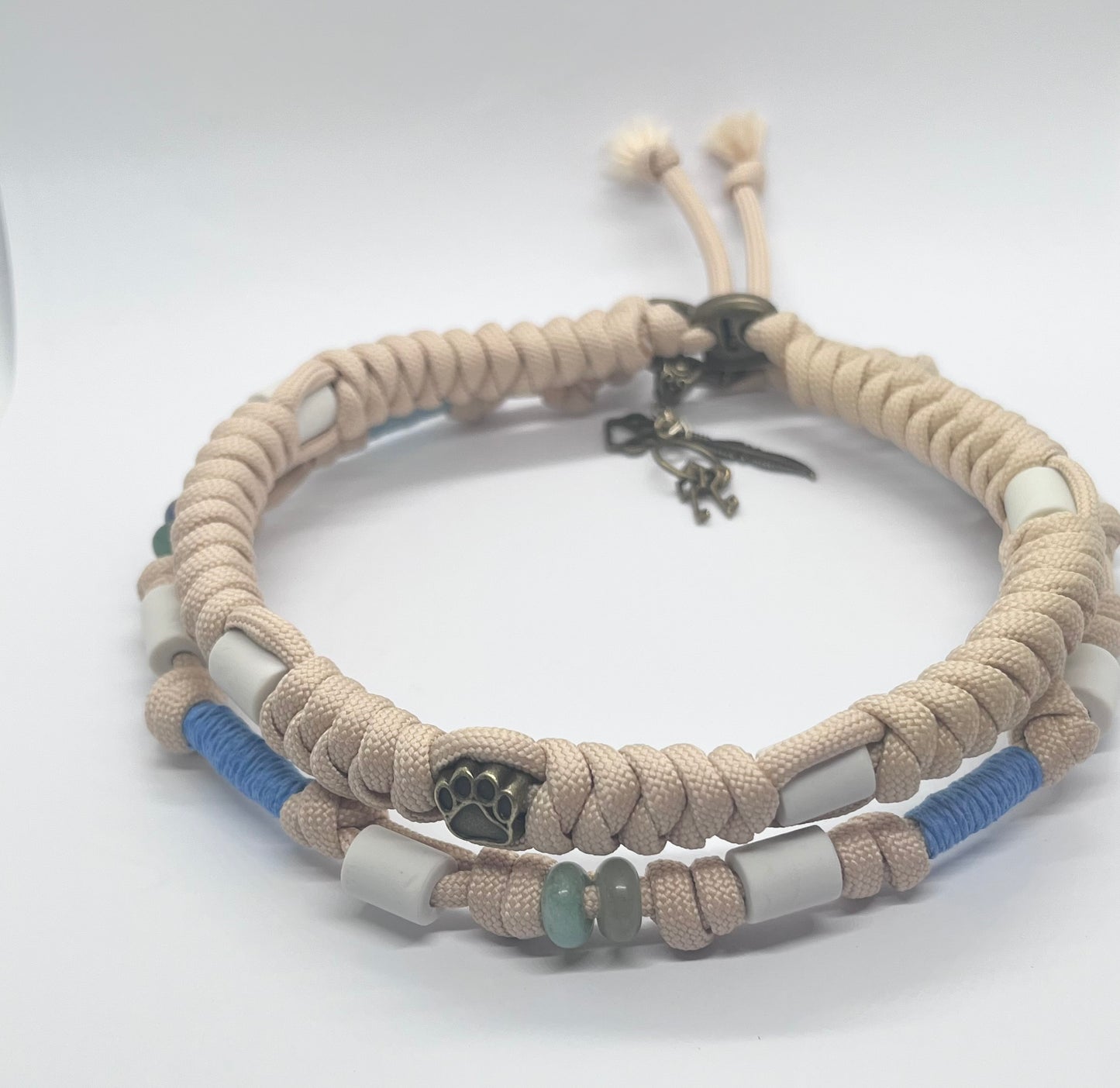 Luxury BOHO Beige tan Paracord EM ceramic bead pet collar for flea & tick prevention