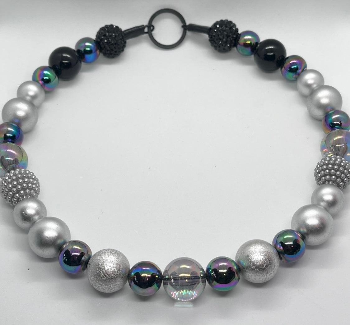 Storm grey ombré sparkle beaded dog collar necklace