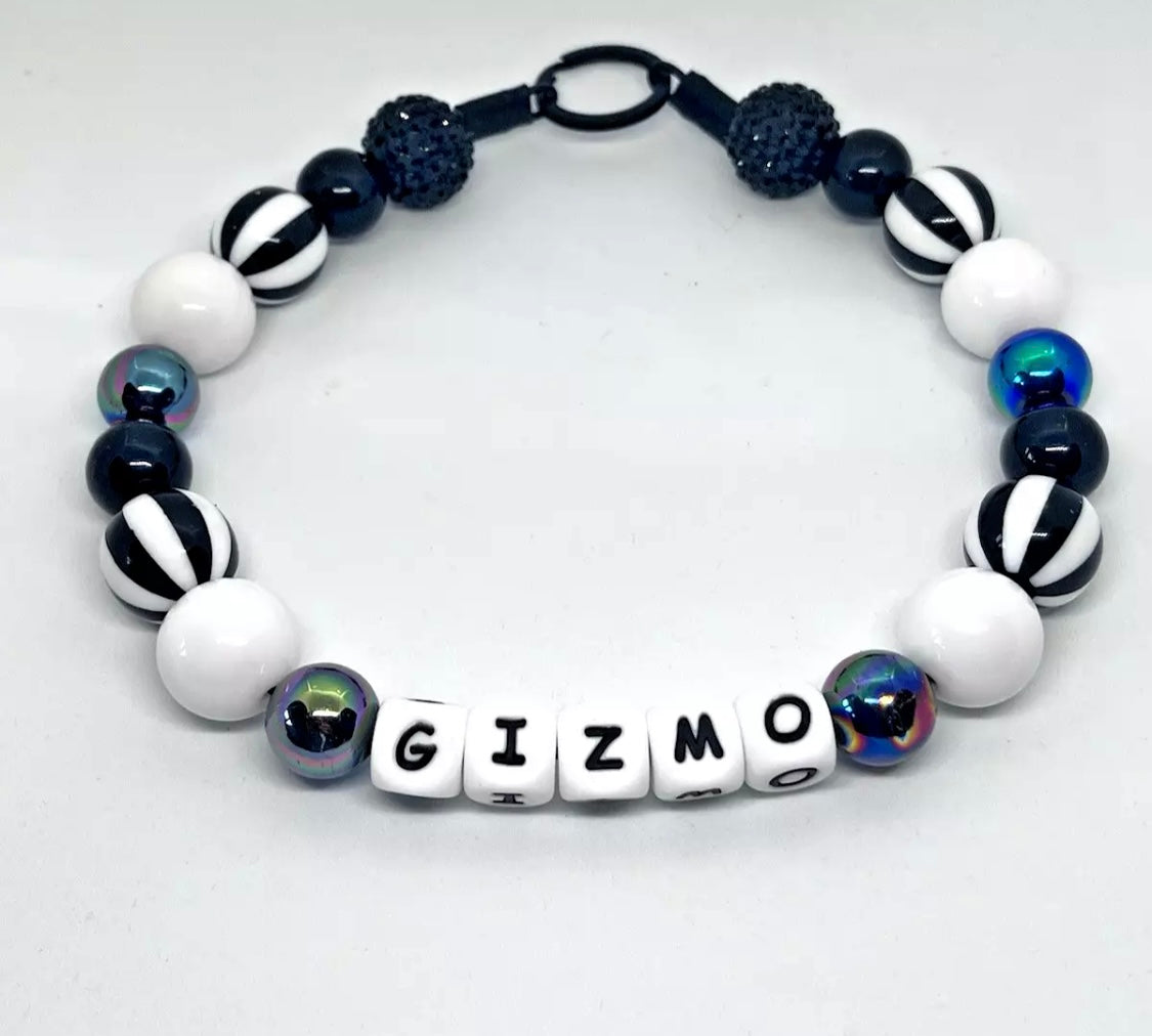 Black & white monochrome holographic personalised beaded dog collar necklace