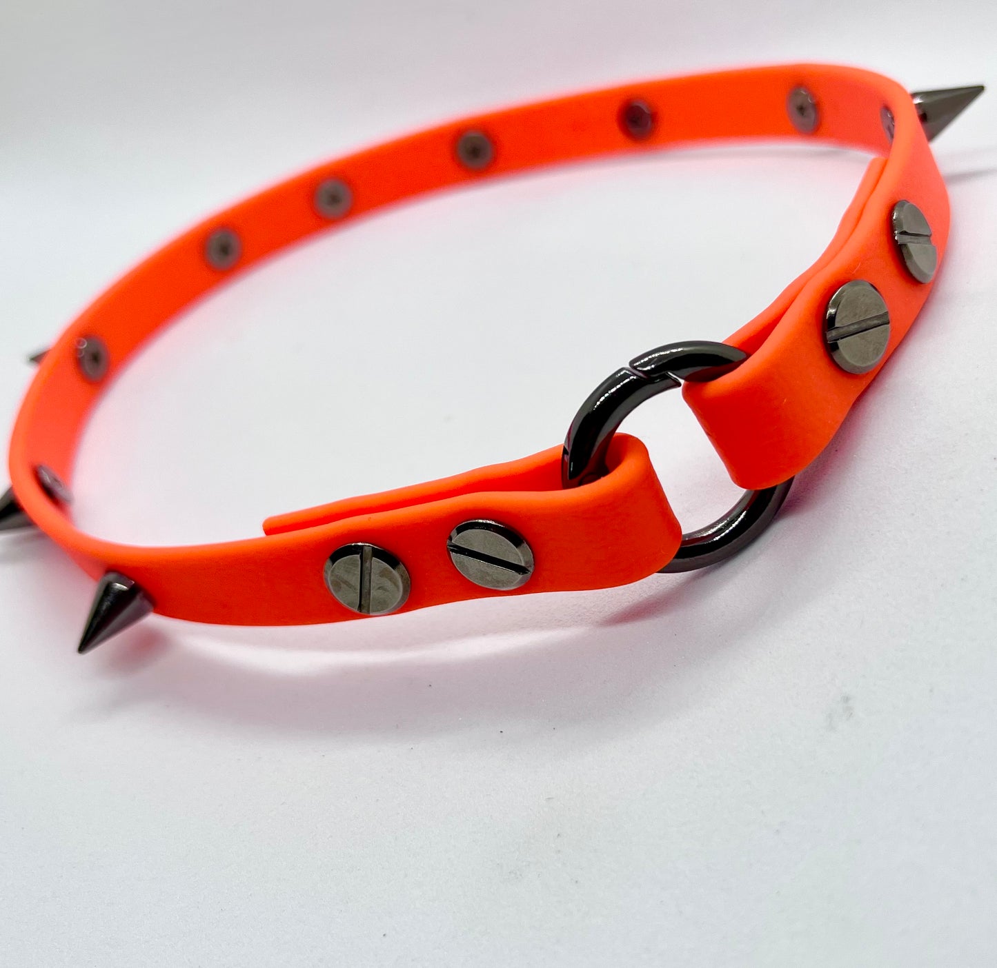 'Oh Really' Neon biothane studded collar with silver or gunmetal spike cone studs