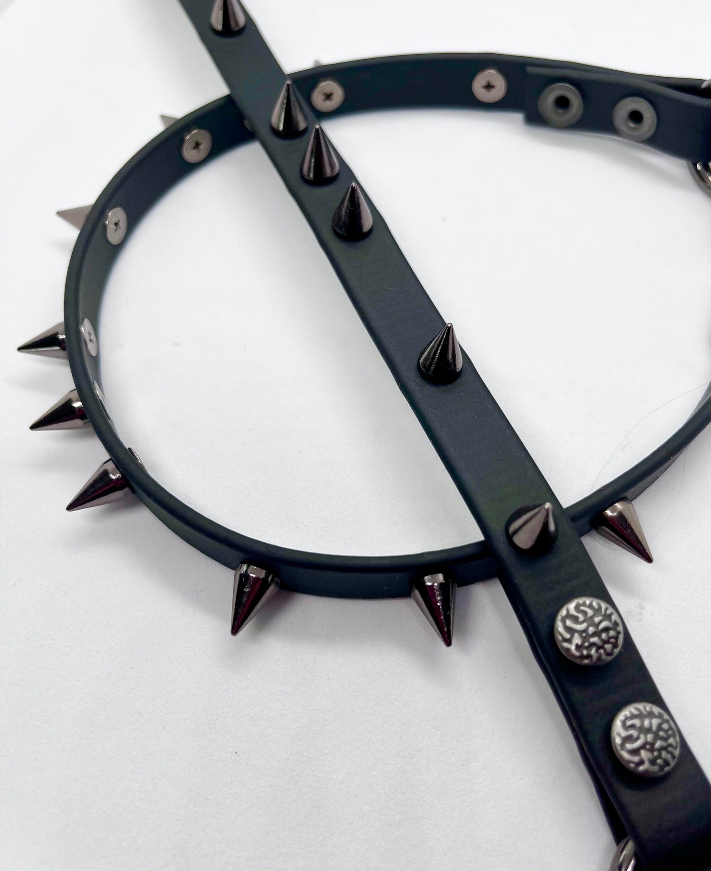 'Little Chaos' black studded biothane collar studded gunmetal cone spikes
