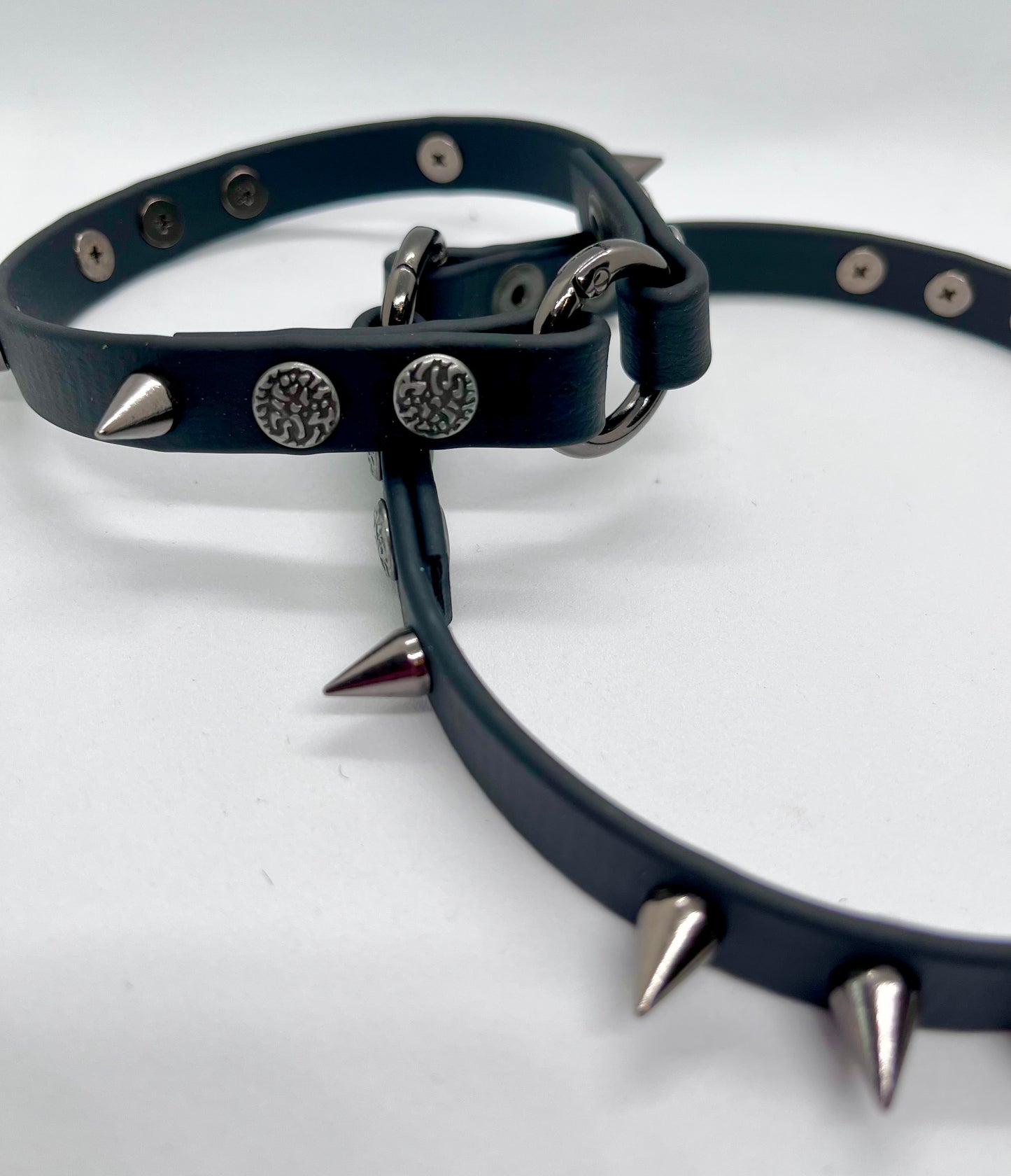 'Little Chaos' black studded biothane collar studded gunmetal cone spikes