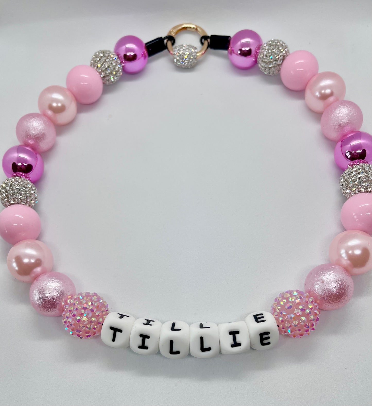 ‘Diamond Force’ pink foil, pearl & diamanté sparkle iridescent personalised beaded bead dog collar pet necklace