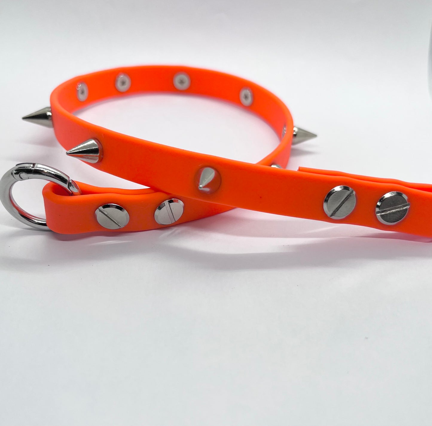 'Oh Really' Neon biothane studded collar with silver or gunmetal spike cone studs