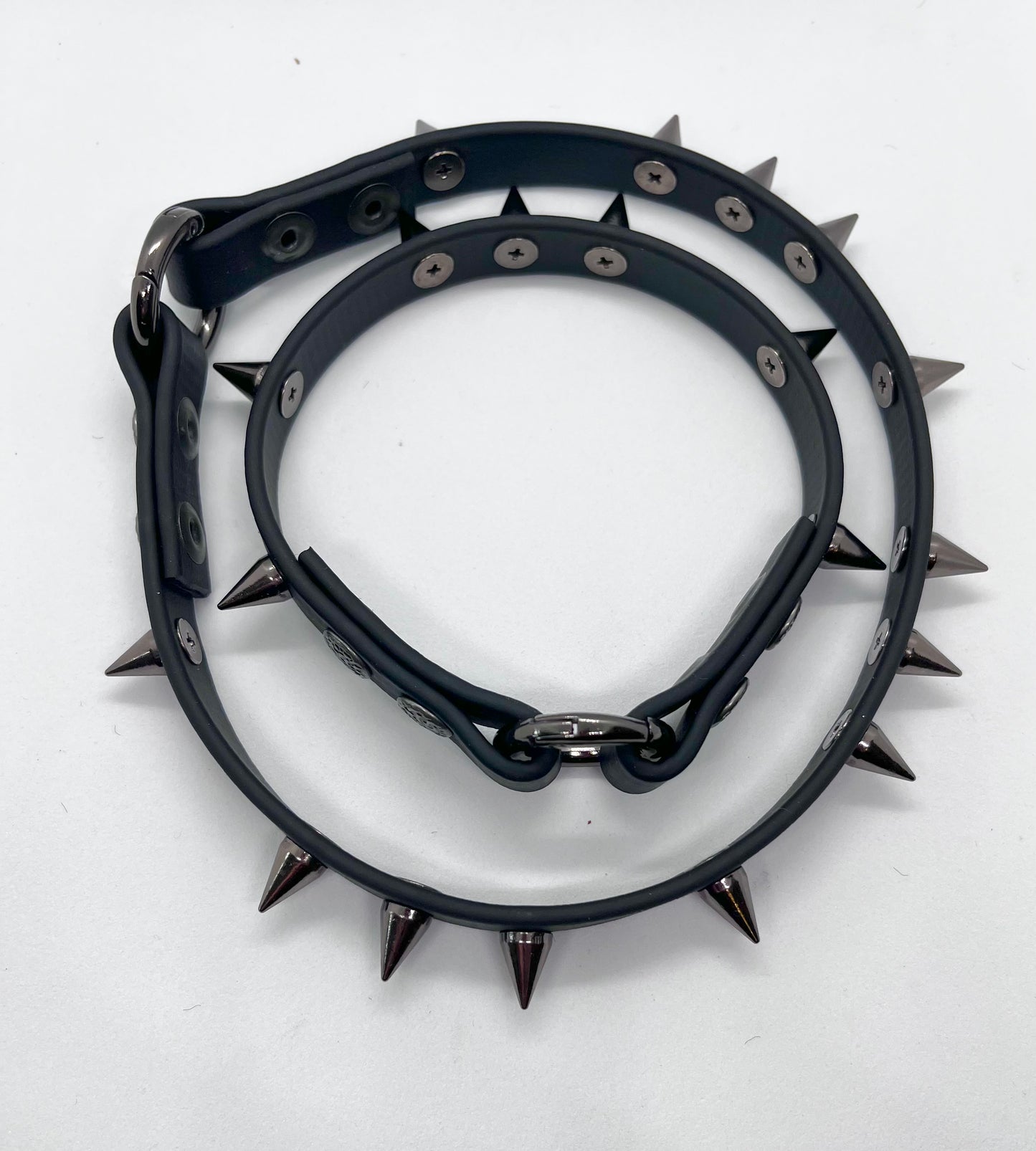 'Little Chaos' black studded biothane collar studded gunmetal cone spikes