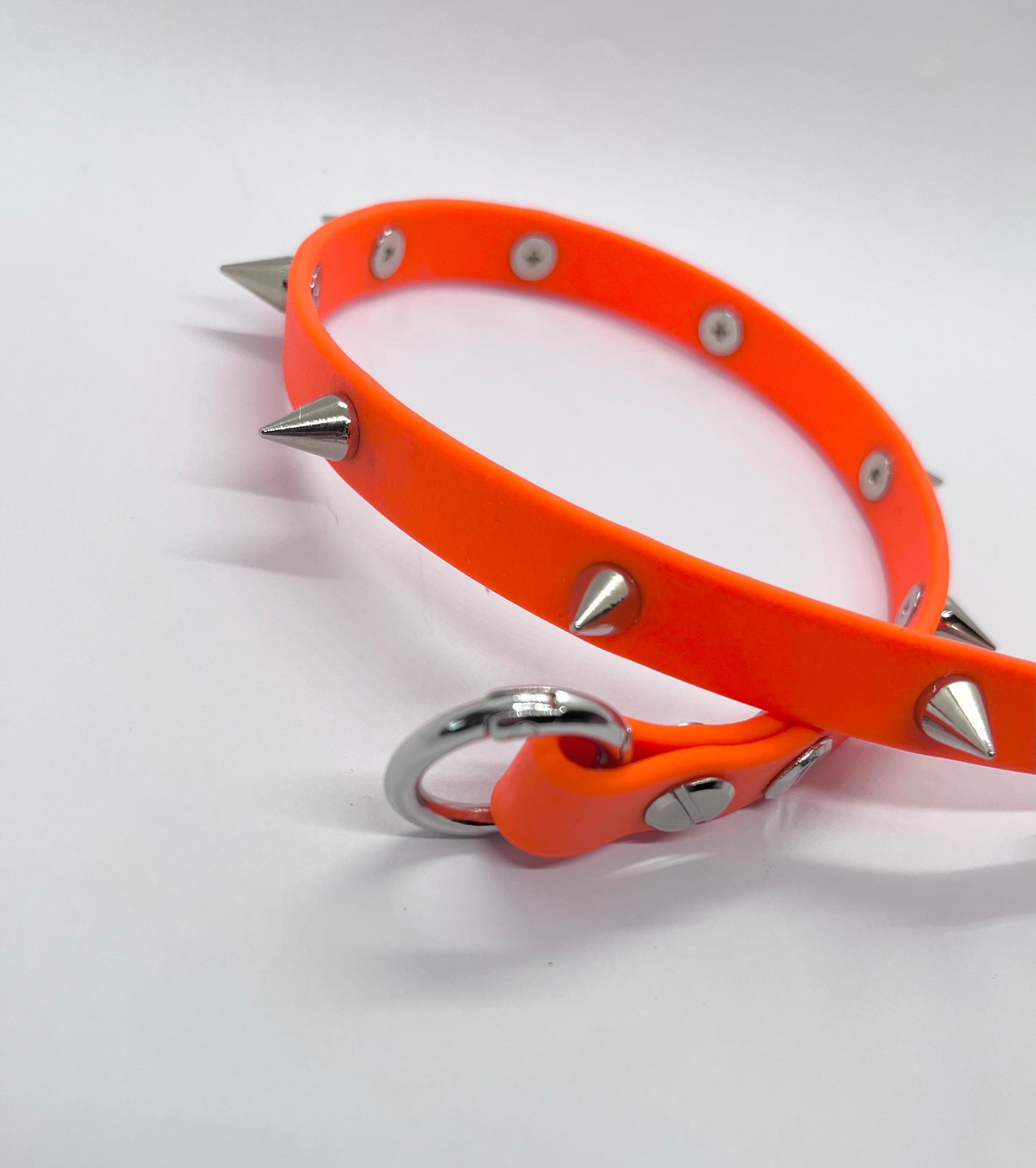 'Oh Really' Neon biothane studded collar with silver or gunmetal spike cone studs