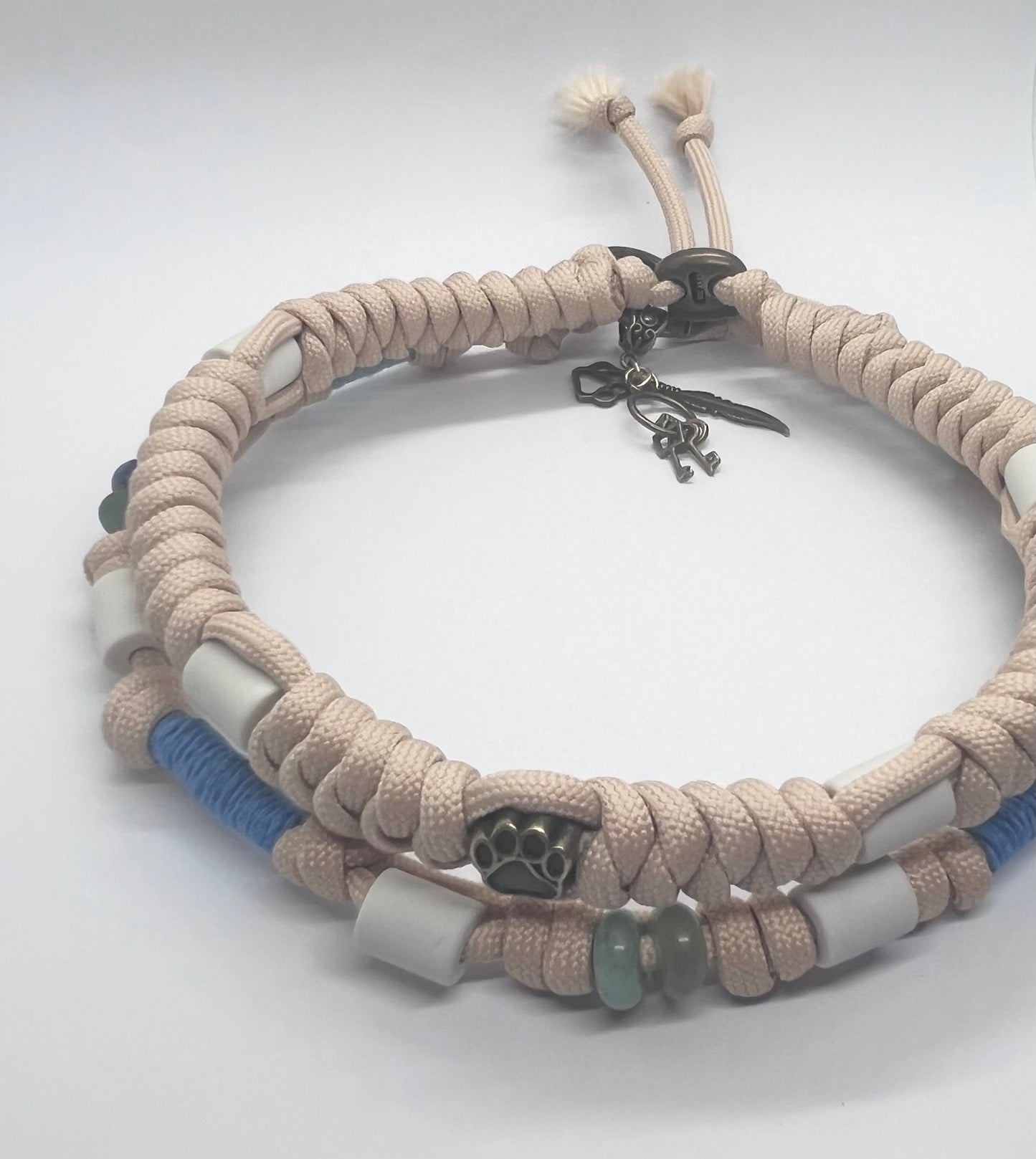 Luxury BOHO Beige tan Paracord EM ceramic bead pet collar for flea & tick prevention