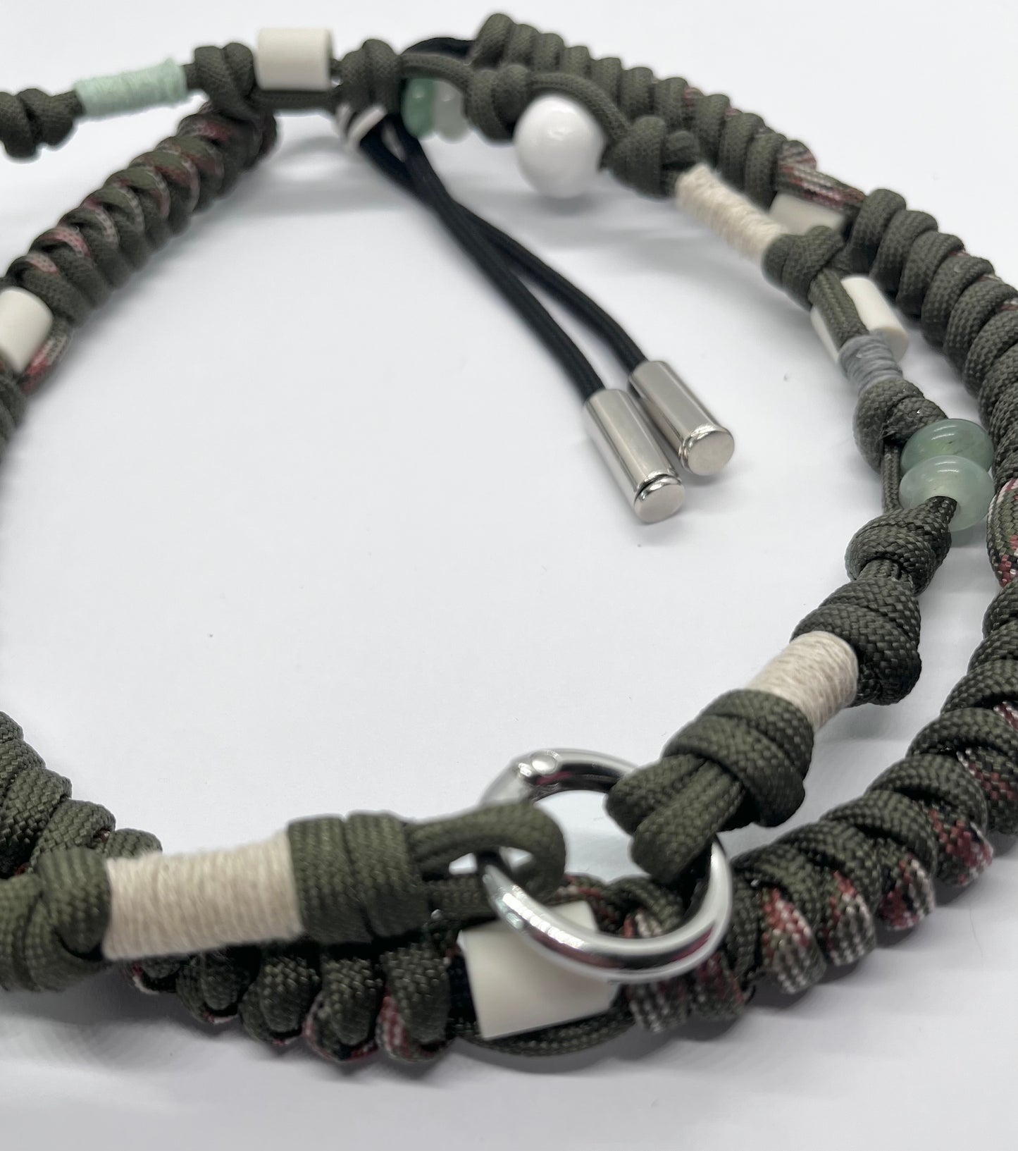 EM Paracord boho style collar olive beaded green with genuine Aventurine ceramic pet collar fleas & tick prevention