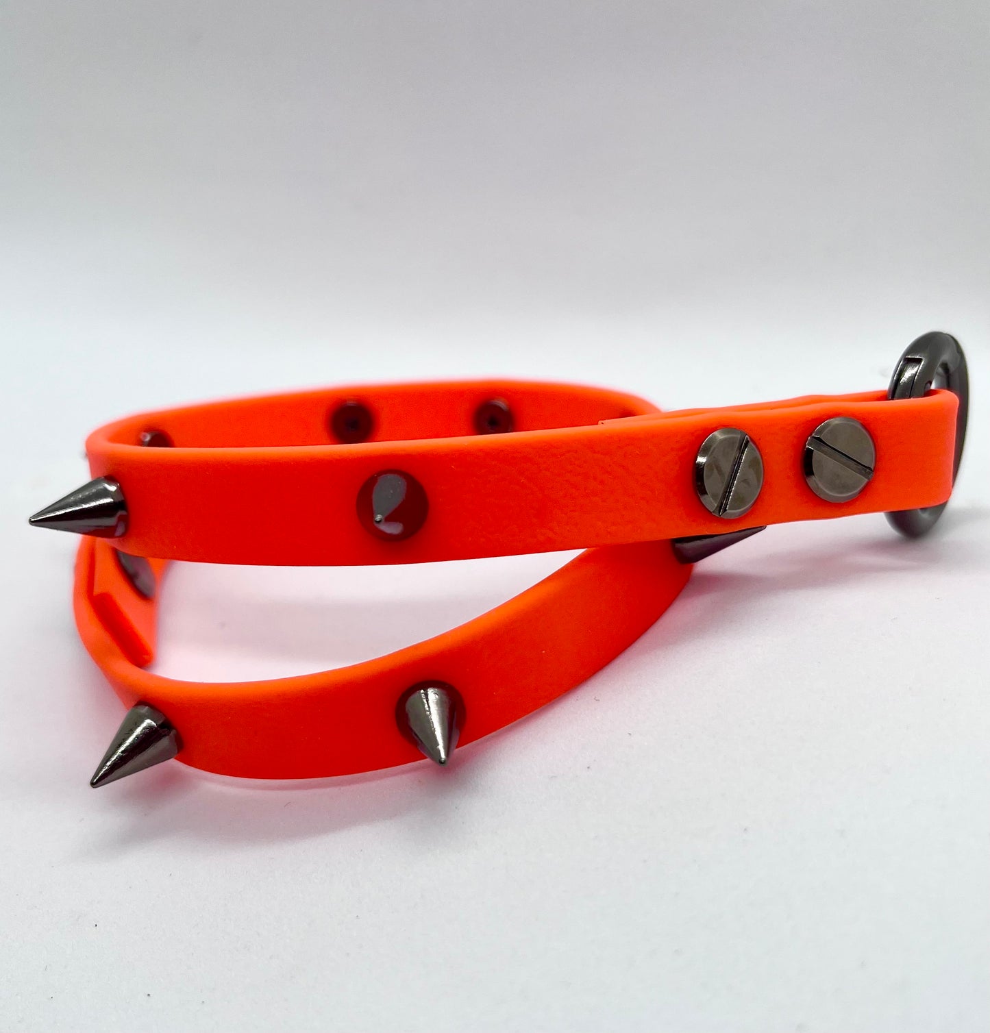 'Oh Really' Neon biothane studded collar with silver or gunmetal spike cone studs