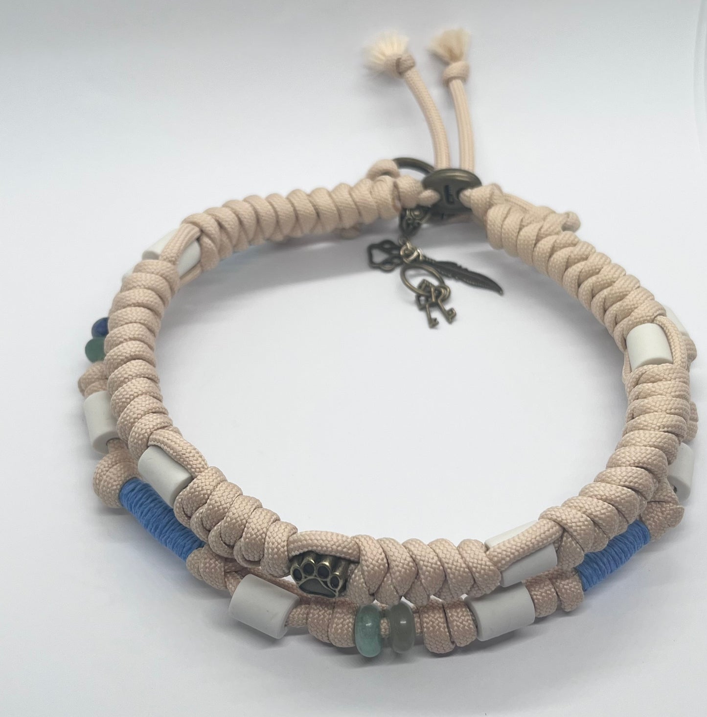 Luxury BOHO Beige tan Paracord EM ceramic bead pet collar for flea & tick prevention