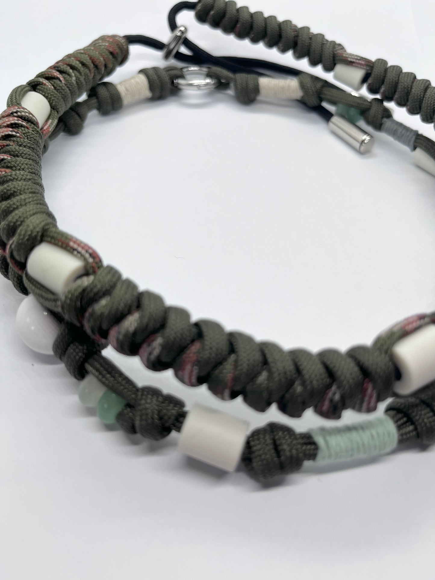 EM Paracord boho style collar olive beaded green with genuine Aventurine ceramic pet collar fleas & tick prevention