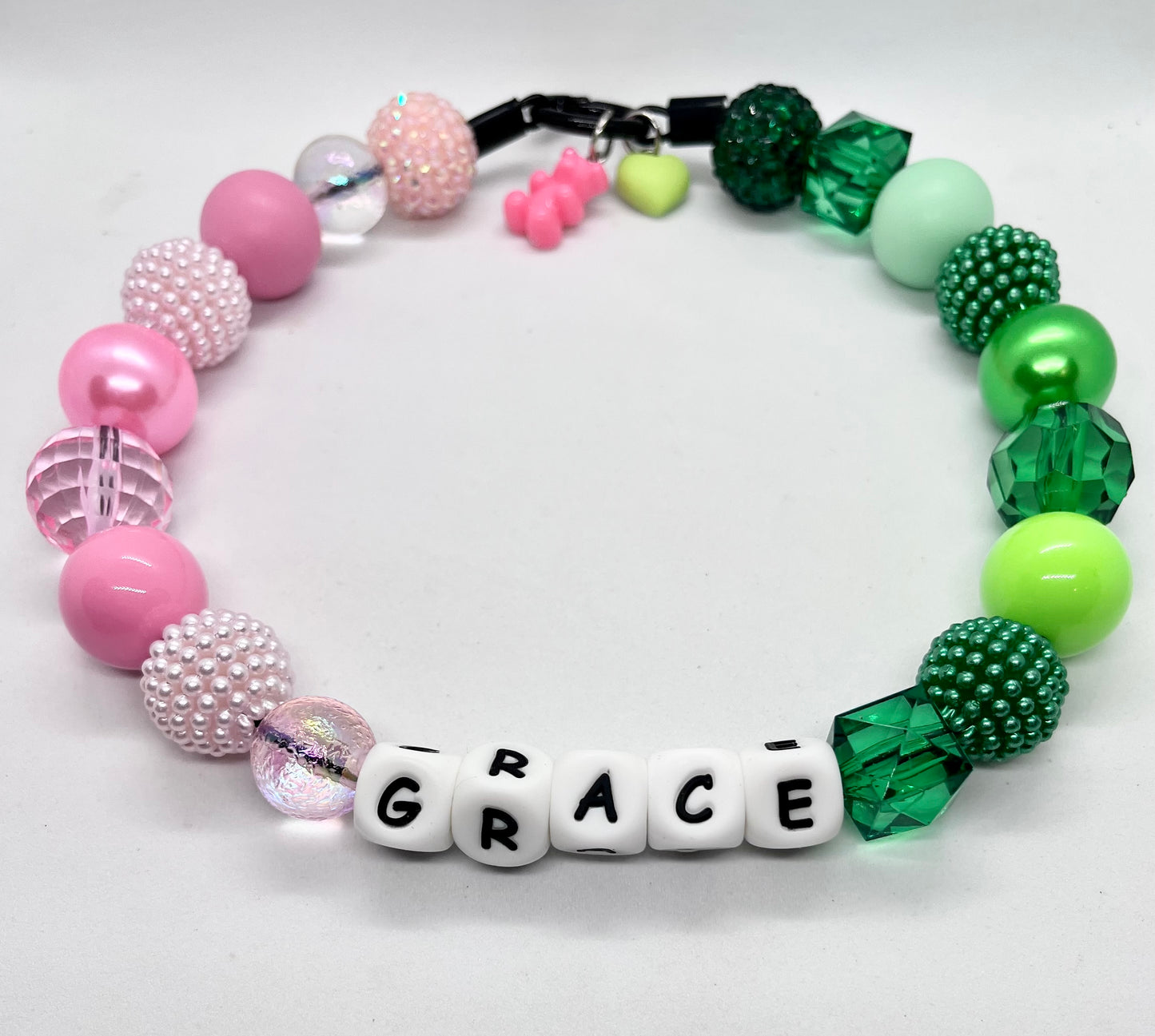 ‘Pink Poison’ Wicked, movie inspired pink & green sparkle ombré iridescent personalised beaded bead dog collar pet necklace