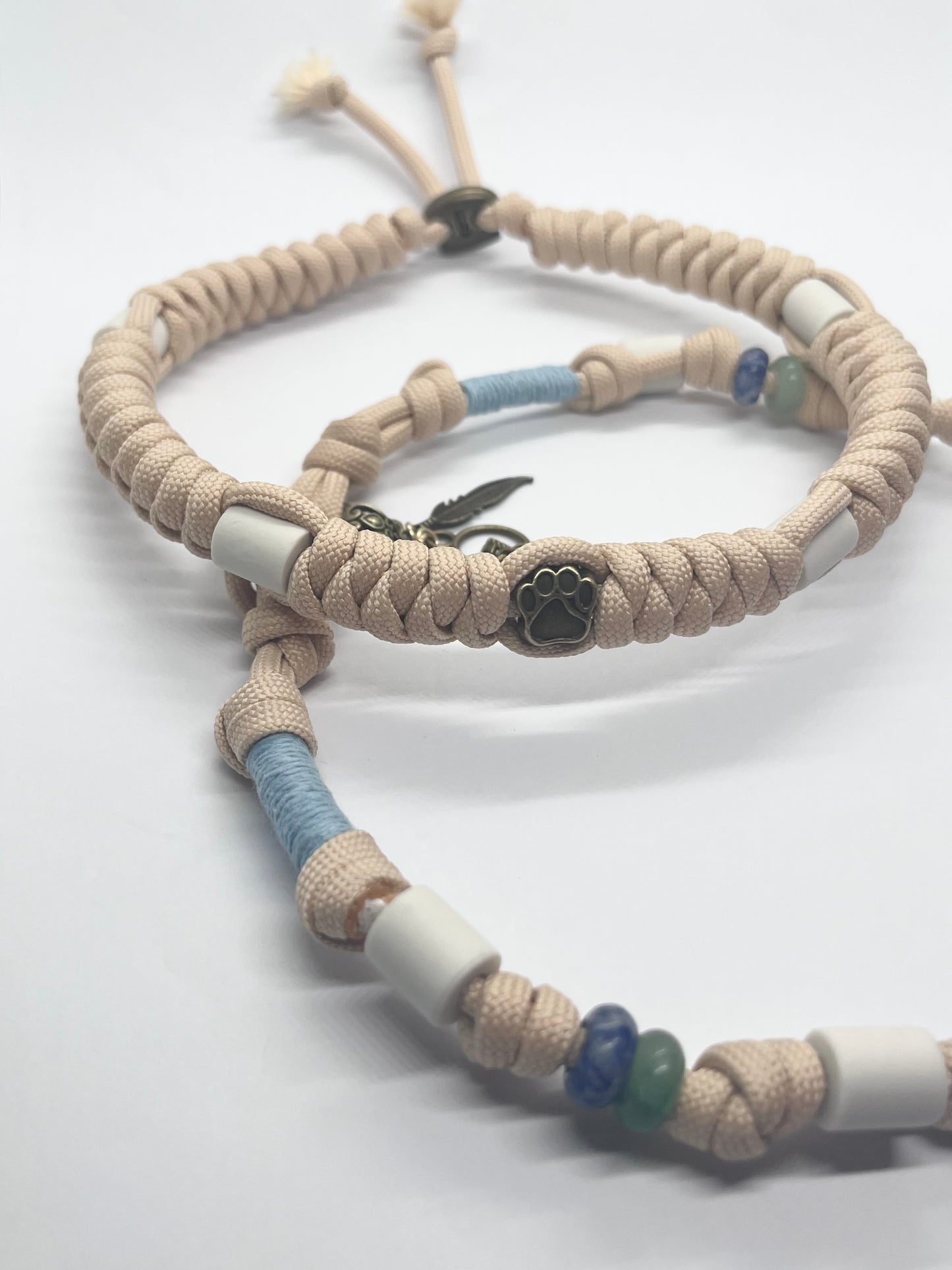 Luxury BOHO Beige tan Paracord EM ceramic bead pet collar for flea & tick prevention