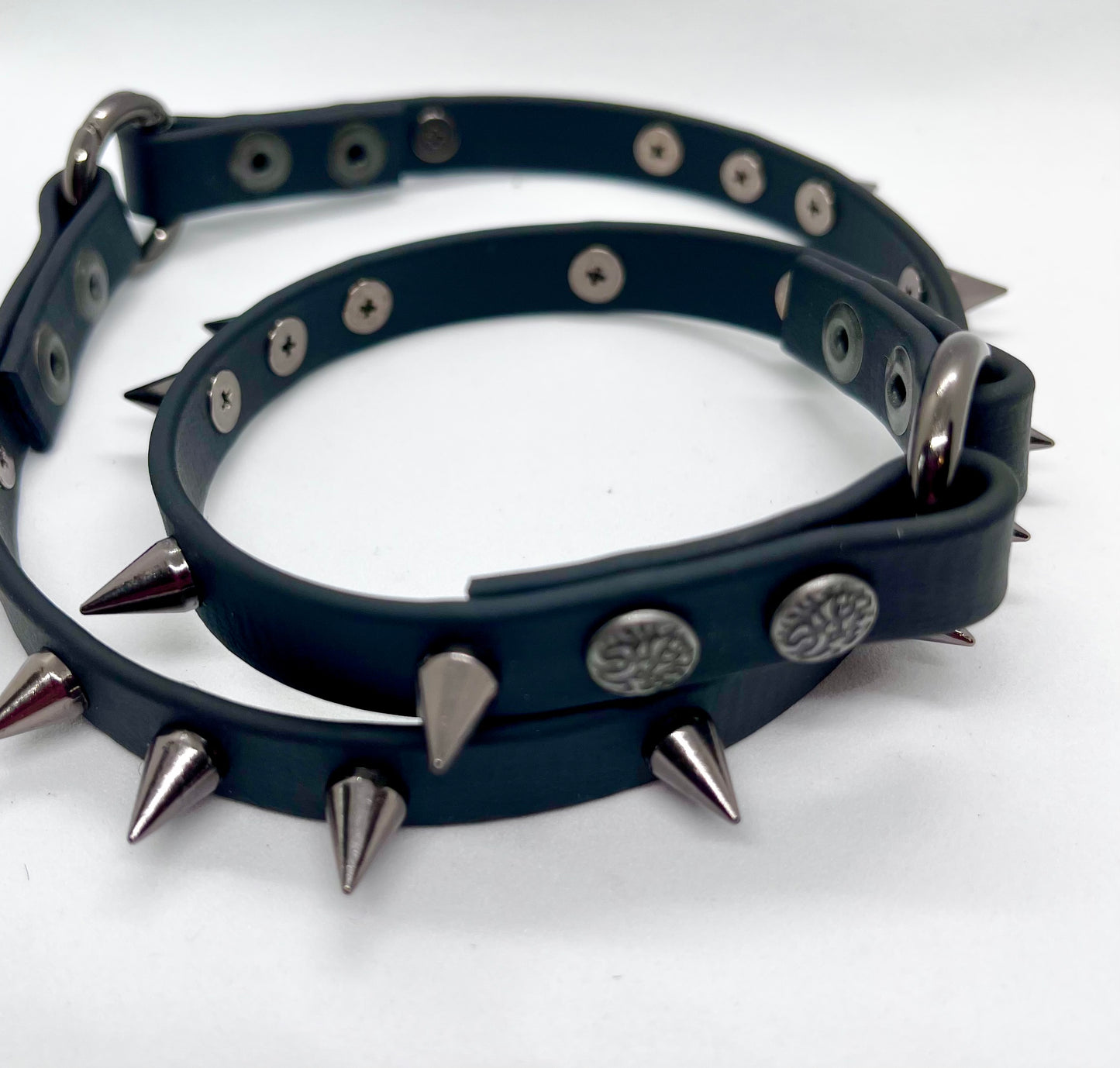 'Little Chaos' black studded biothane collar studded gunmetal cone spikes
