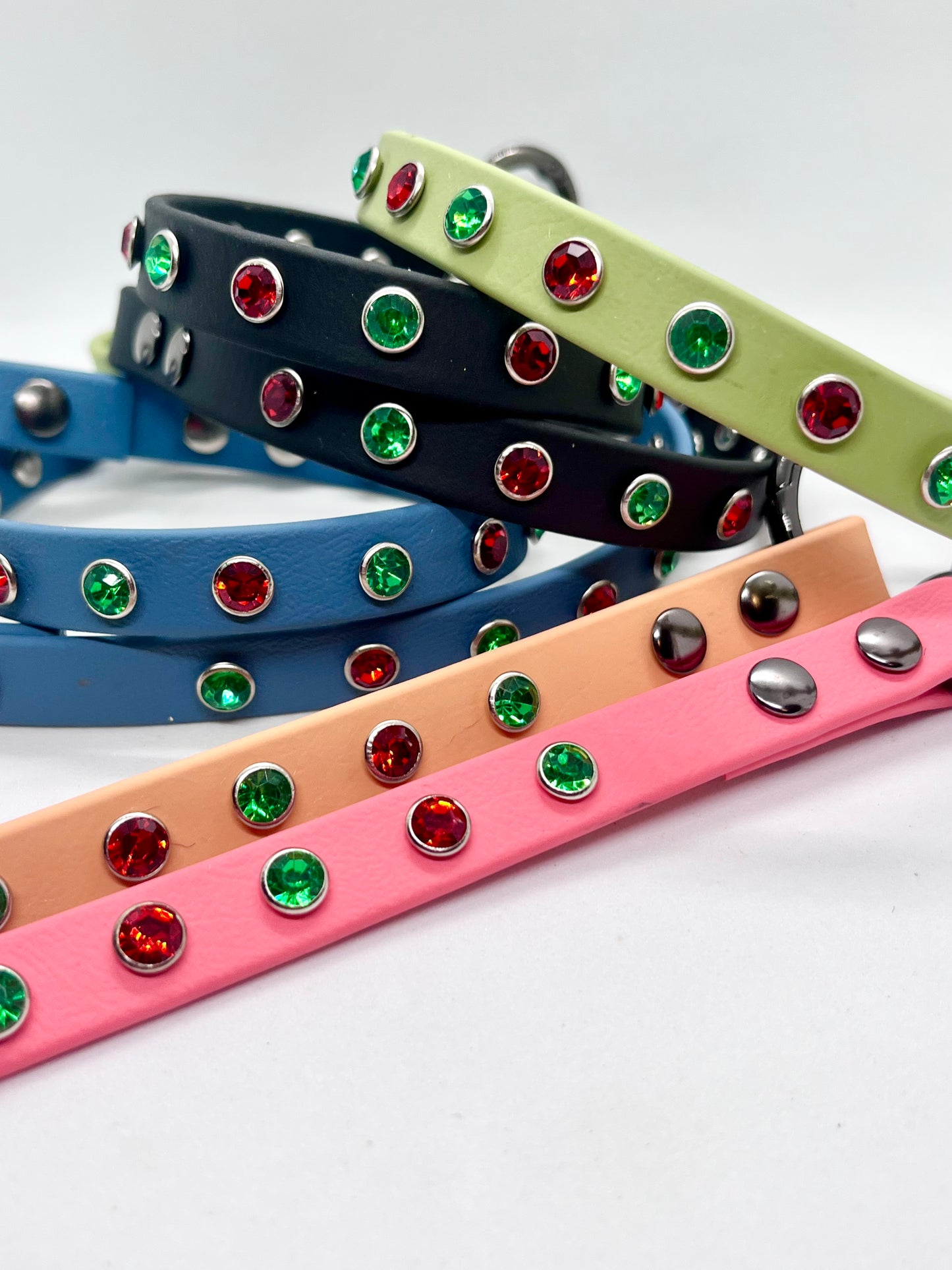 ‘Yuletide Sparkle’ BioThane® 13mm collar, diamante studs various colours gunmetal hardware