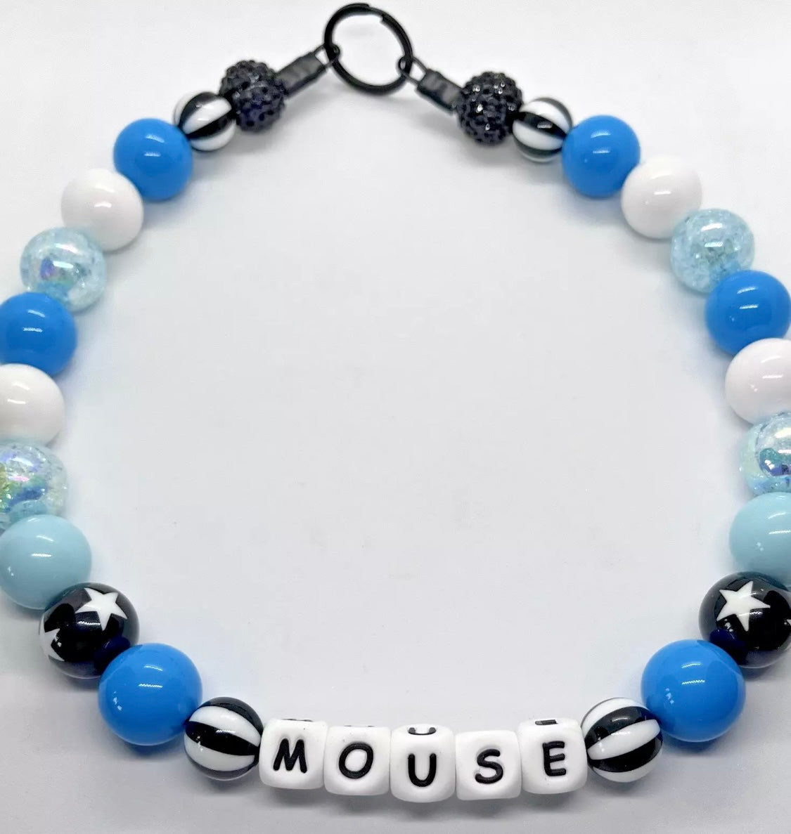 All blues candy stripe & star personalised beaded dog collar necklace