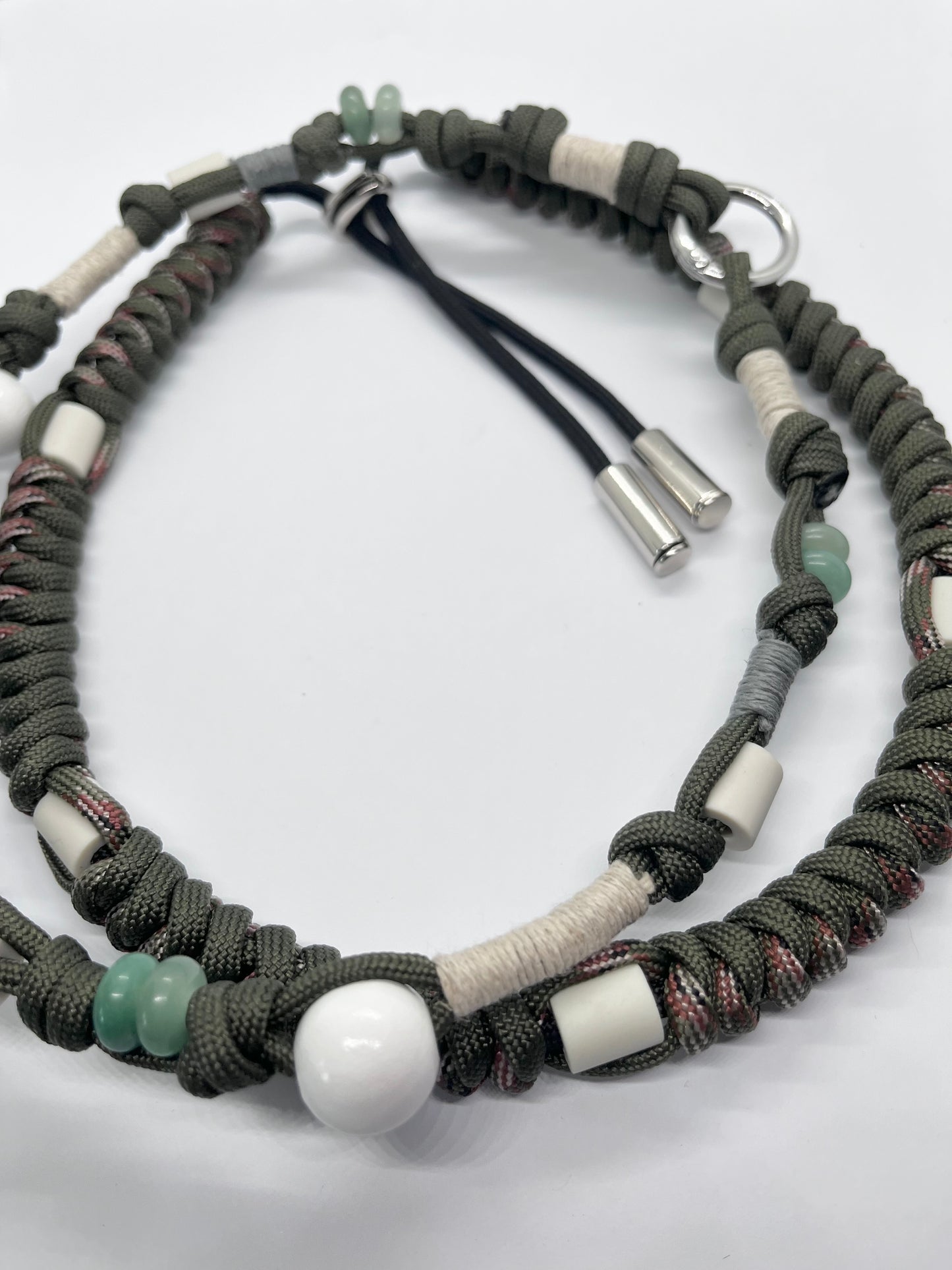 EM Paracord boho style collar olive beaded green with genuine Aventurine ceramic pet collar fleas & tick prevention