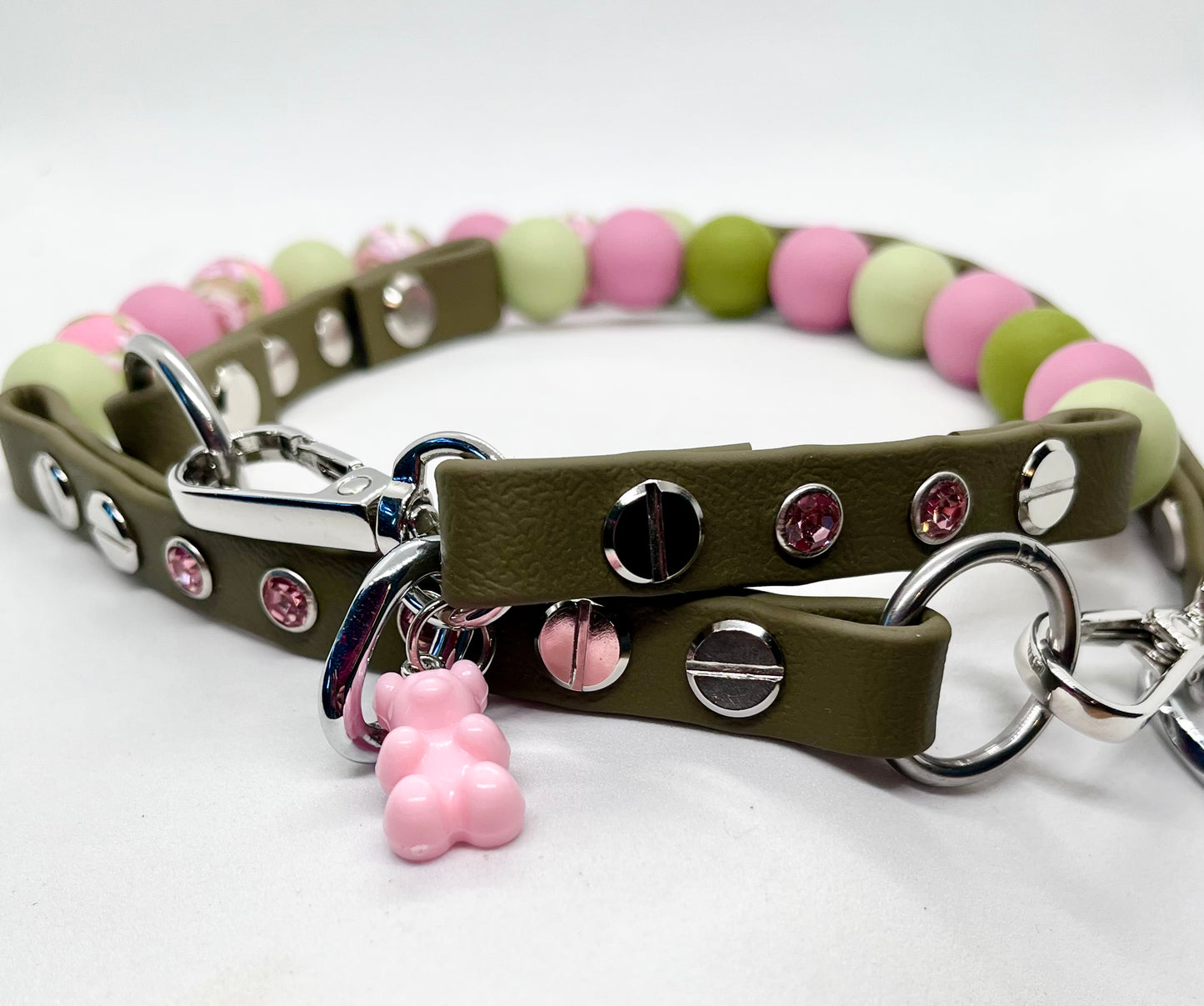 'Petal Edge' Flower Bead Khaki BioThane® Collar with Baby Pink Diamanté Studs
