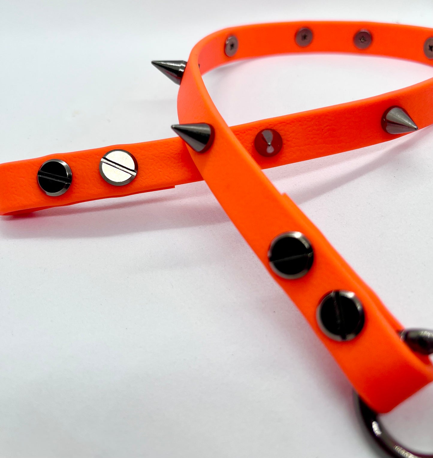 'Oh Really' Neon biothane studded collar with silver or gunmetal spike cone studs