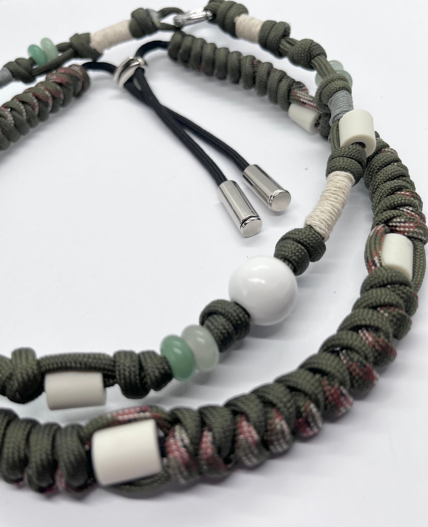 EM Paracord boho style collar olive beaded green with genuine Aventurine ceramic pet collar fleas & tick prevention