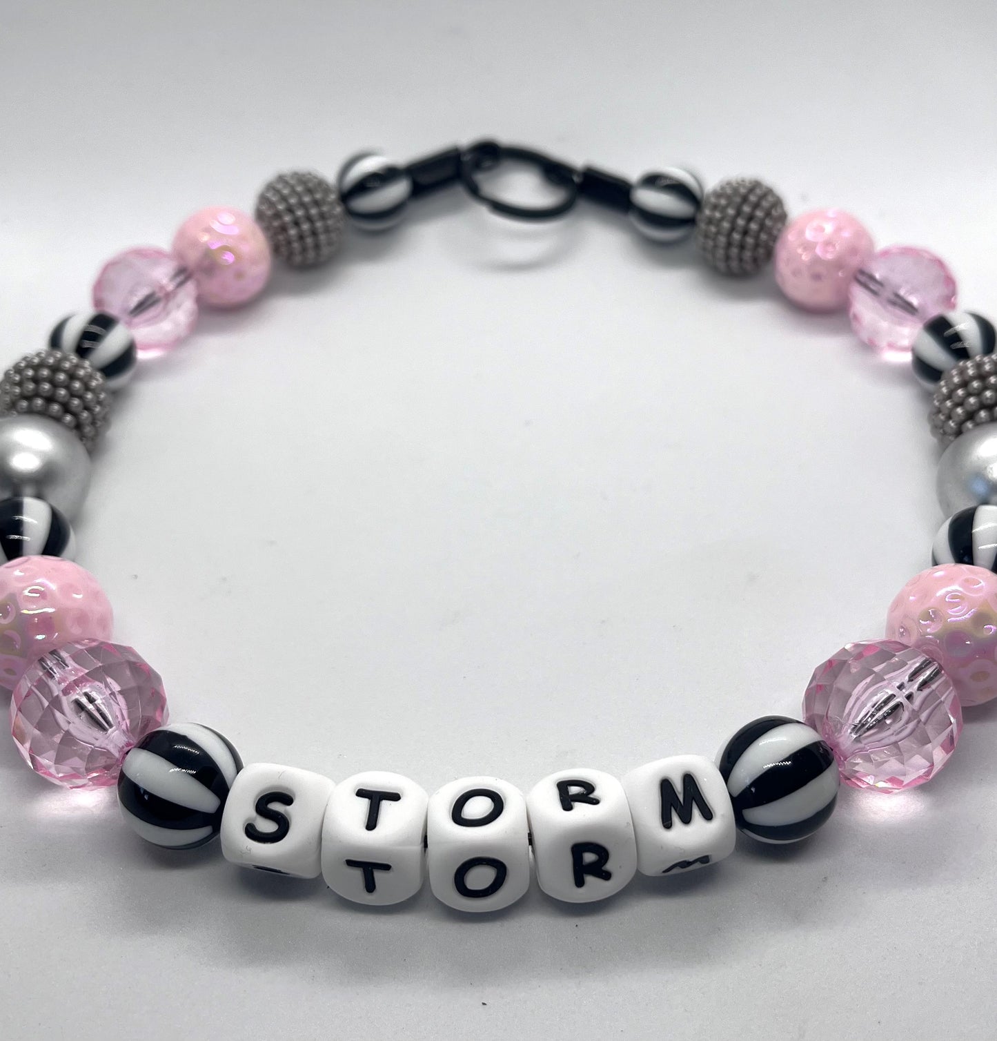 Pink & grey candy stripe personalised beaded dog collar pet necklace