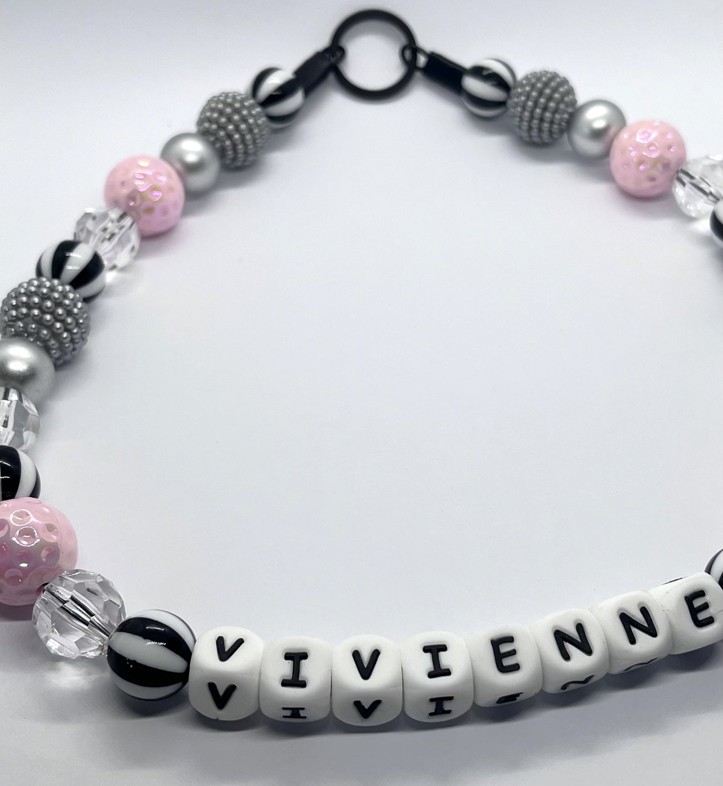 Pink & grey candy stripe personalised beaded dog collar pet necklace