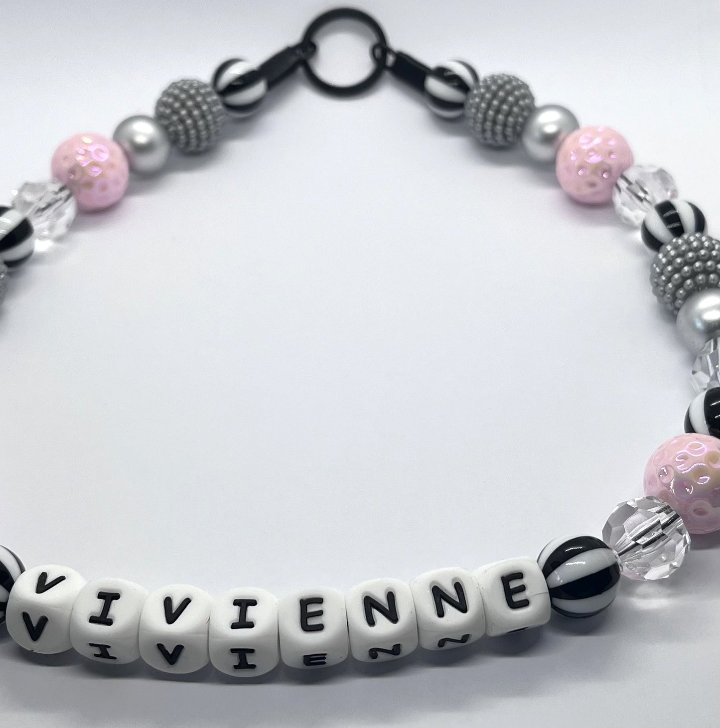Pink & grey candy stripe personalised beaded dog collar pet necklace