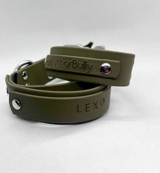 No Nonsense army green BioThane dog collar by JOOLS LONDON