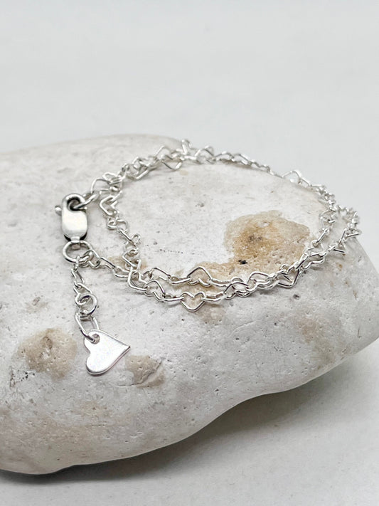 'Heart Links' Heart Chain Anklet & Heart Charm 925 Sterling Silver