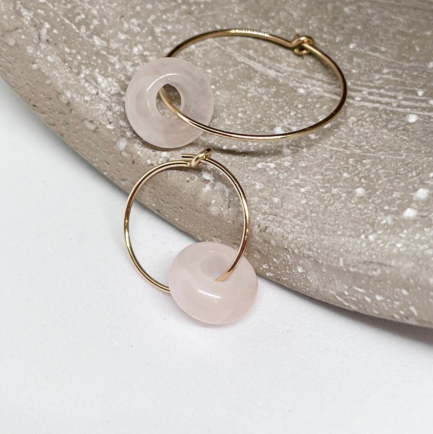 'Rose Zen' 14k Gold Rose Quartz Donut Plain Fine Wire Ear Hoop Earrings