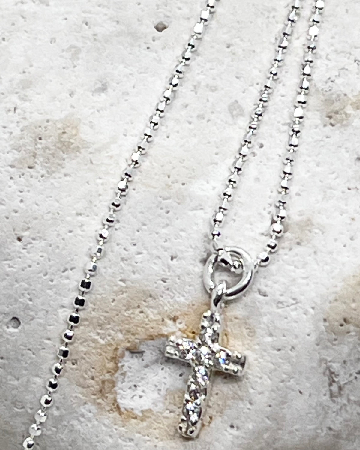 925 'Diamanté Cross' Charm Necklace - Sterling Silver Diamond Cut Ball Chain