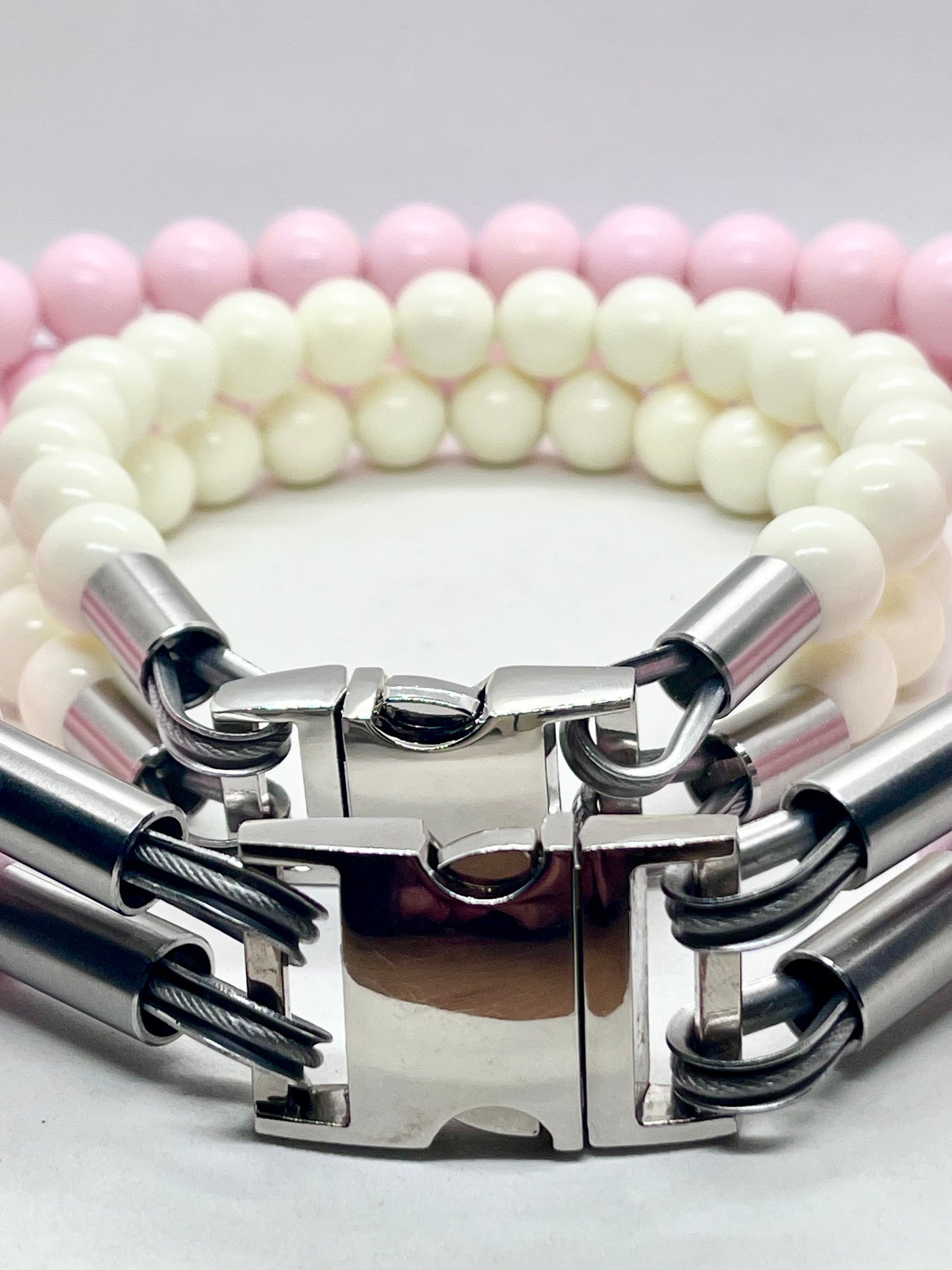 'Glow Up' Double White Beaded Stainless Steel Dog Collar20mm