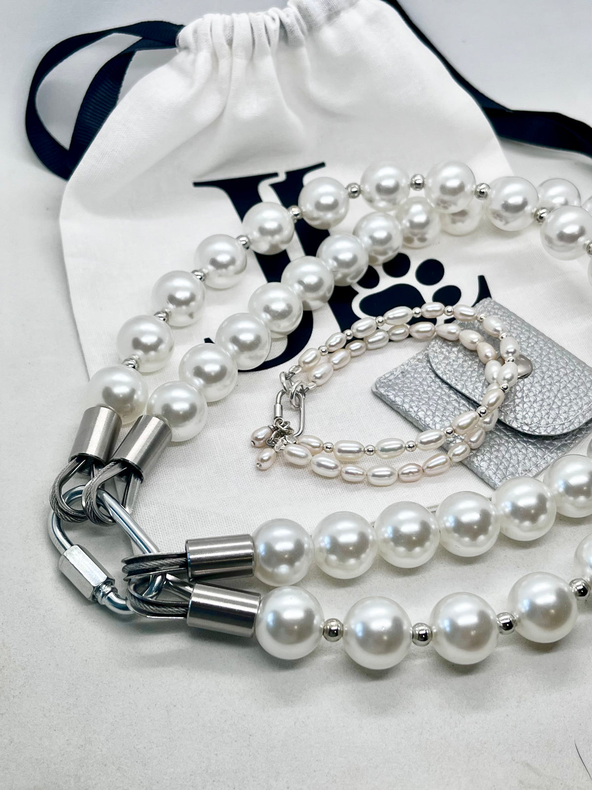 925 ‘Pearl Bond’ Double-Layer Freshwater Pearl & Bead Bracelet with Hallmarked Industrial Chic Carabiner Clasp