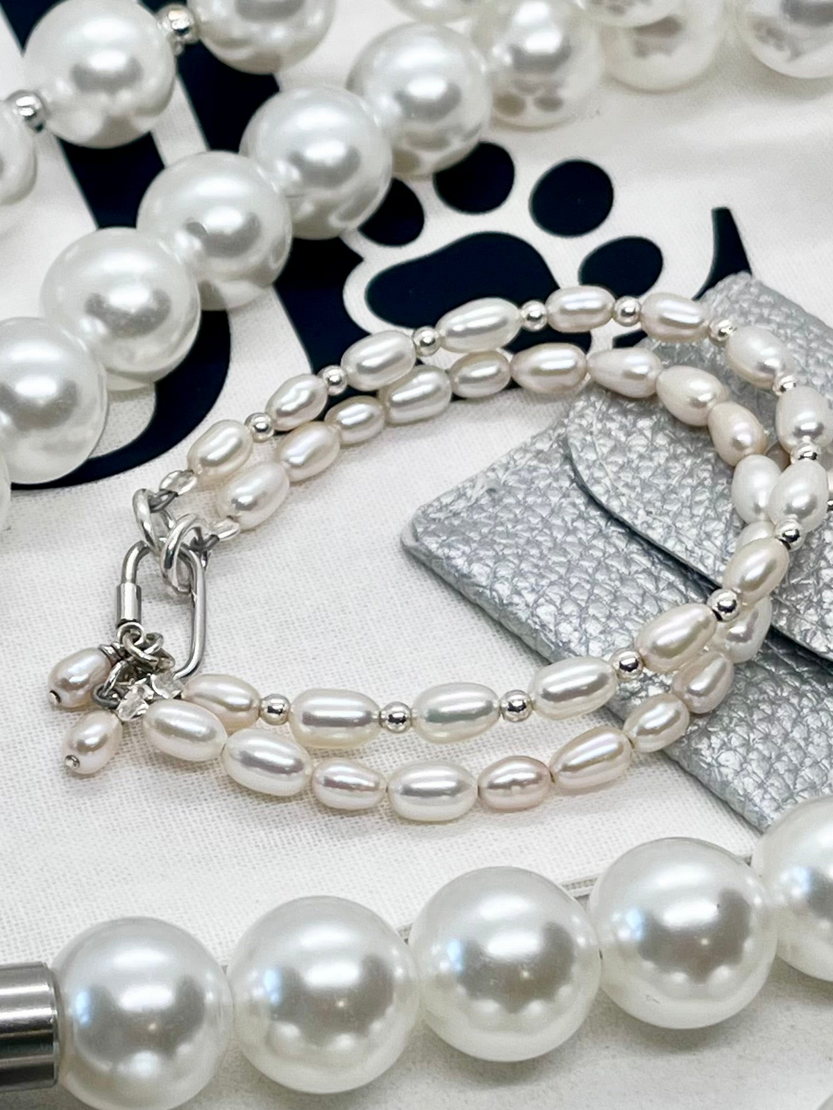 925 ‘Pearl Bond’ Double-Layer Freshwater Pearl & Bead Bracelet with Hallmarked Industrial Chic Carabiner Clasp