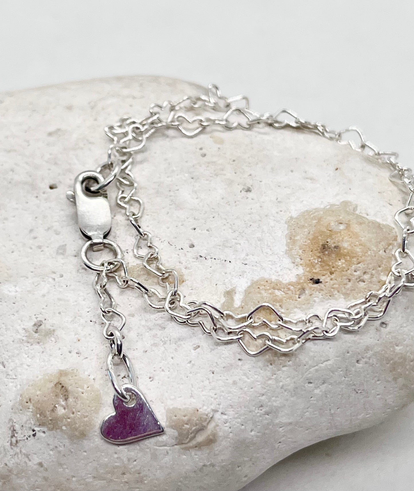 'Heart Links' Heart Chain Anklet & Heart Charm 925 Sterling Silver